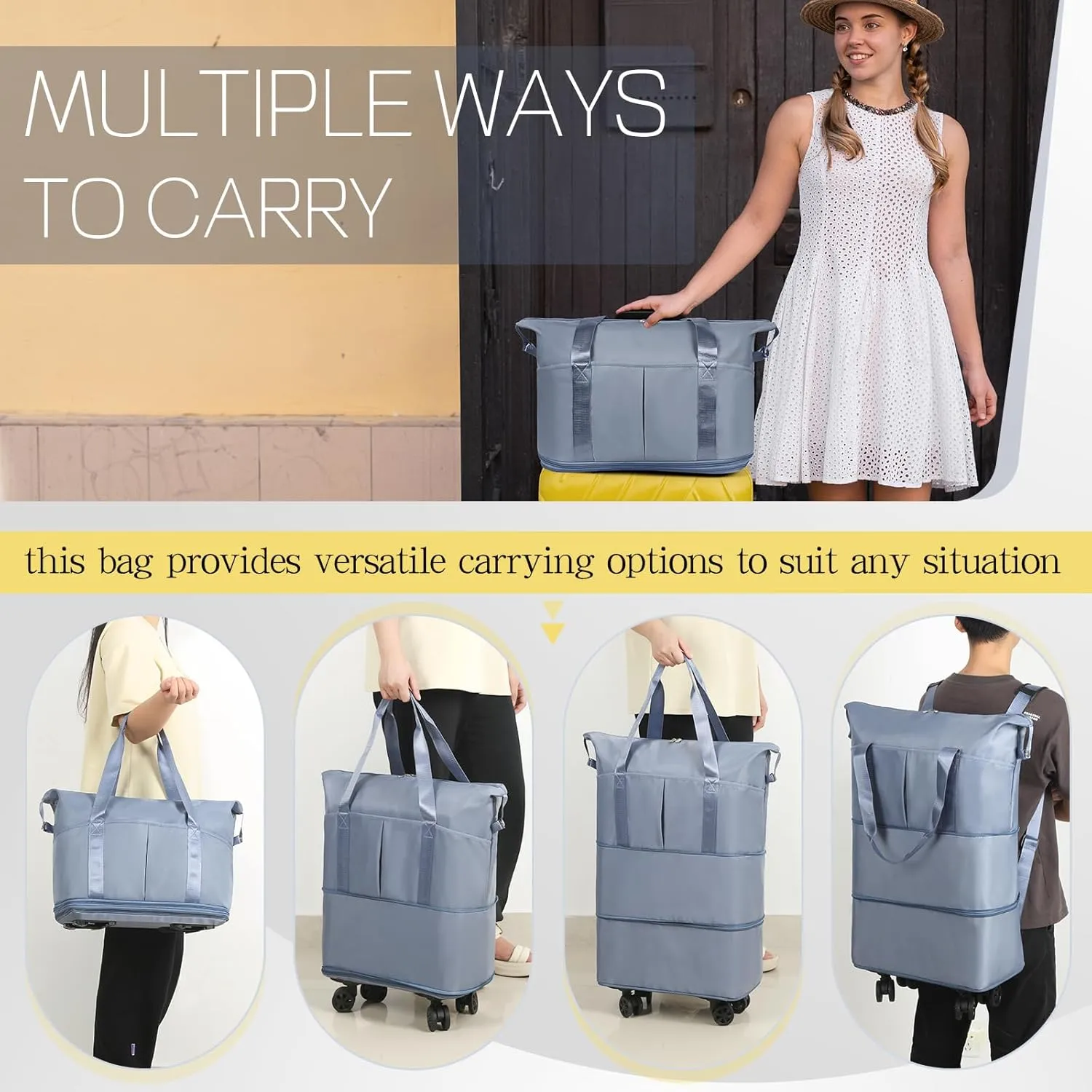 VOOWO Duffel Bag with Wheels - Rolling Foldable Expandable Duffle Bag with Wheels for Travel, Rolling Luggage Bag Carry On Travel Bag with Wheels, Large Wheeled Overnight Weekender Bag (Blue)