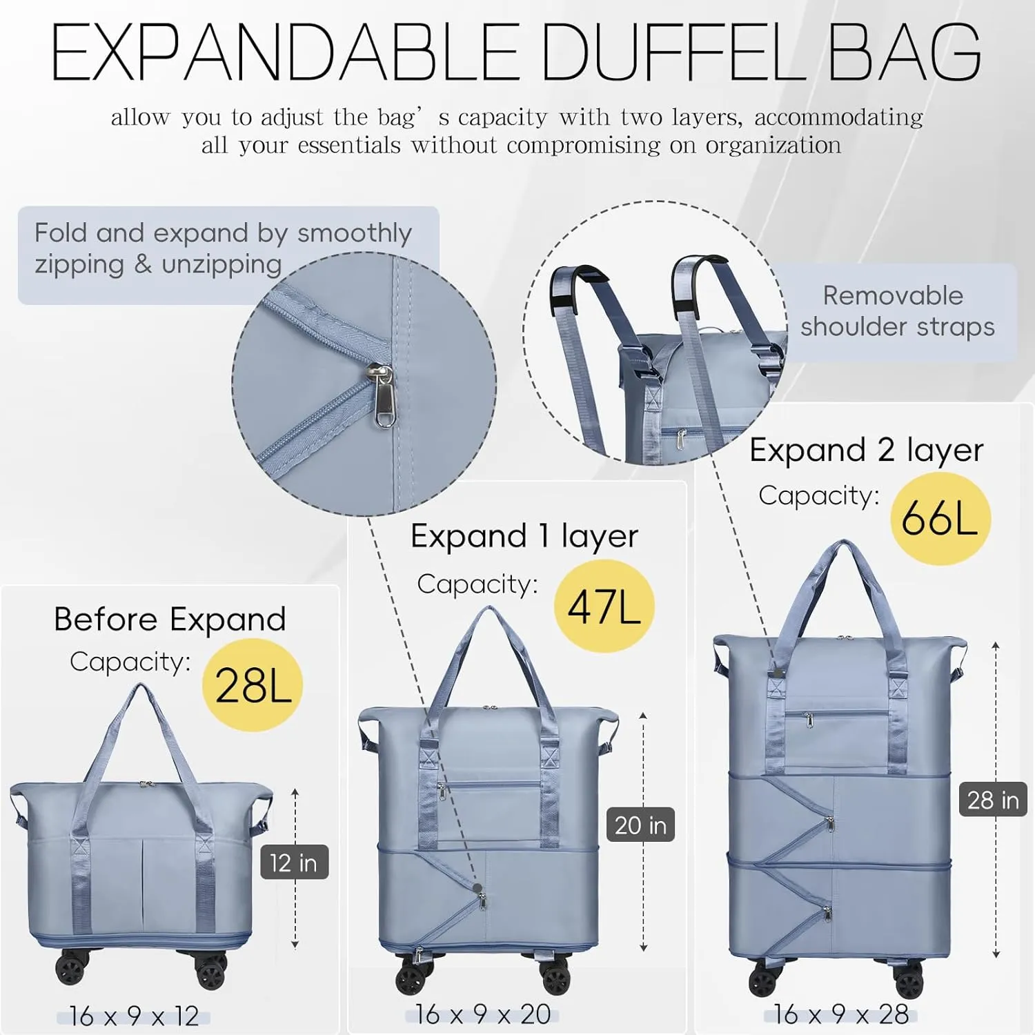VOOWO Duffel Bag with Wheels - Rolling Foldable Expandable Duffle Bag with Wheels for Travel, Rolling Luggage Bag Carry On Travel Bag with Wheels, Large Wheeled Overnight Weekender Bag (Blue)