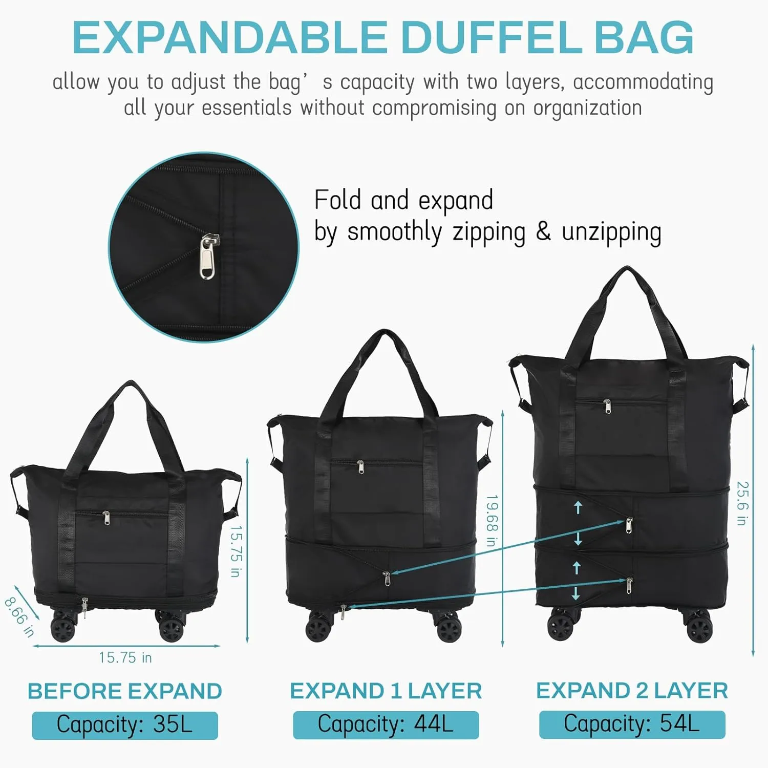 VOOWO Rolling Duffle Bag with Wheels, Expandable Foldable Duffel Bag with Wheels for Travel, Rolling Luggage Carry on Duffel Bag, Wheeled Travel Duffle Bag, Large Weekend Bag for Women & Men