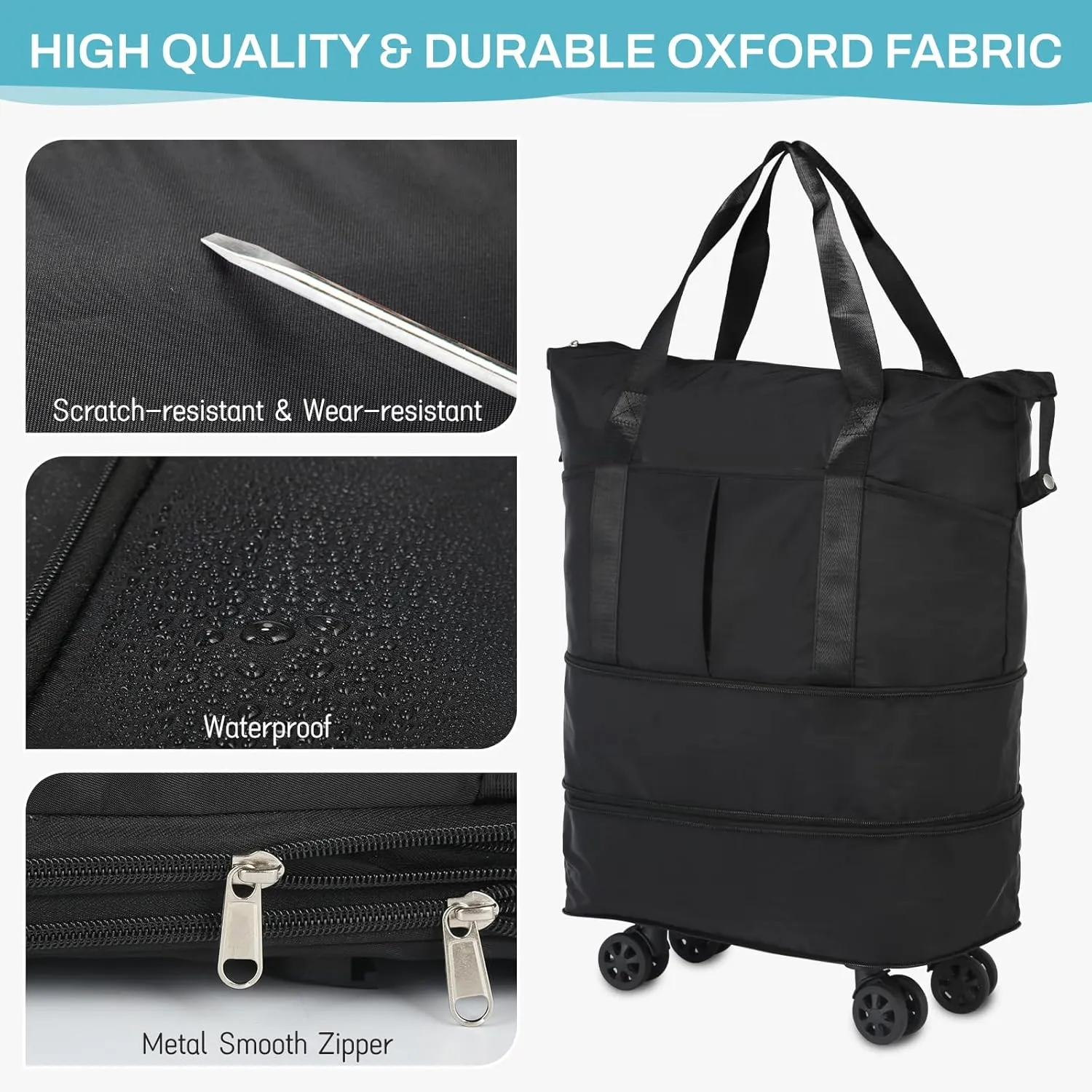 VOOWO Rolling Duffle Bag with Wheels, Expandable Foldable Duffel Bag with Wheels for Travel, Rolling Luggage Carry on Duffel Bag, Wheeled Travel Duffle Bag, Large Weekend Bag for Women & Men