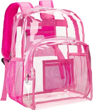 Vorspack Clear Backpack Heavy Duty PVC Transparent Backpack Extra Large Clear Backpacks with Reinforced Strap for College Workplace Security - Pink