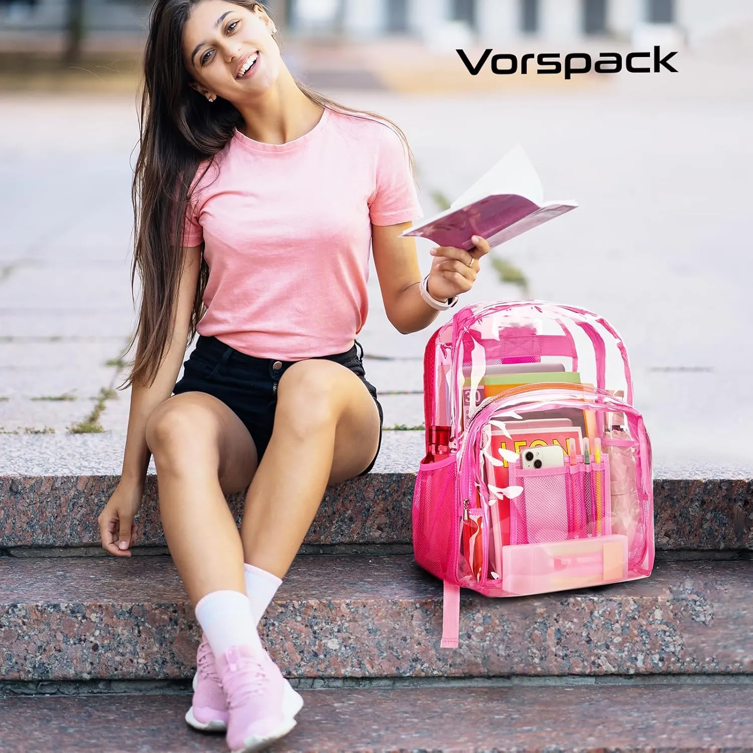 Vorspack Clear Backpack Heavy Duty PVC Transparent Backpack Extra Large Clear Backpacks with Reinforced Strap for College Workplace Security - Pink