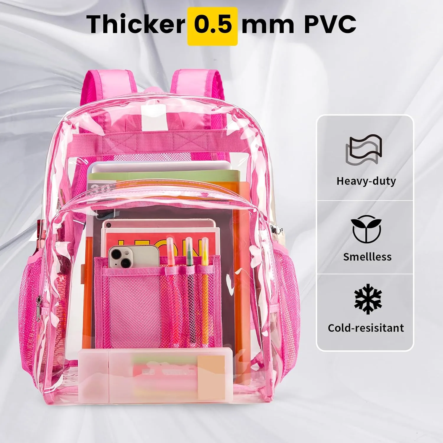 Vorspack Clear Backpack Heavy Duty PVC Transparent Backpack Extra Large Clear Backpacks with Reinforced Strap for College Workplace Security - Pink