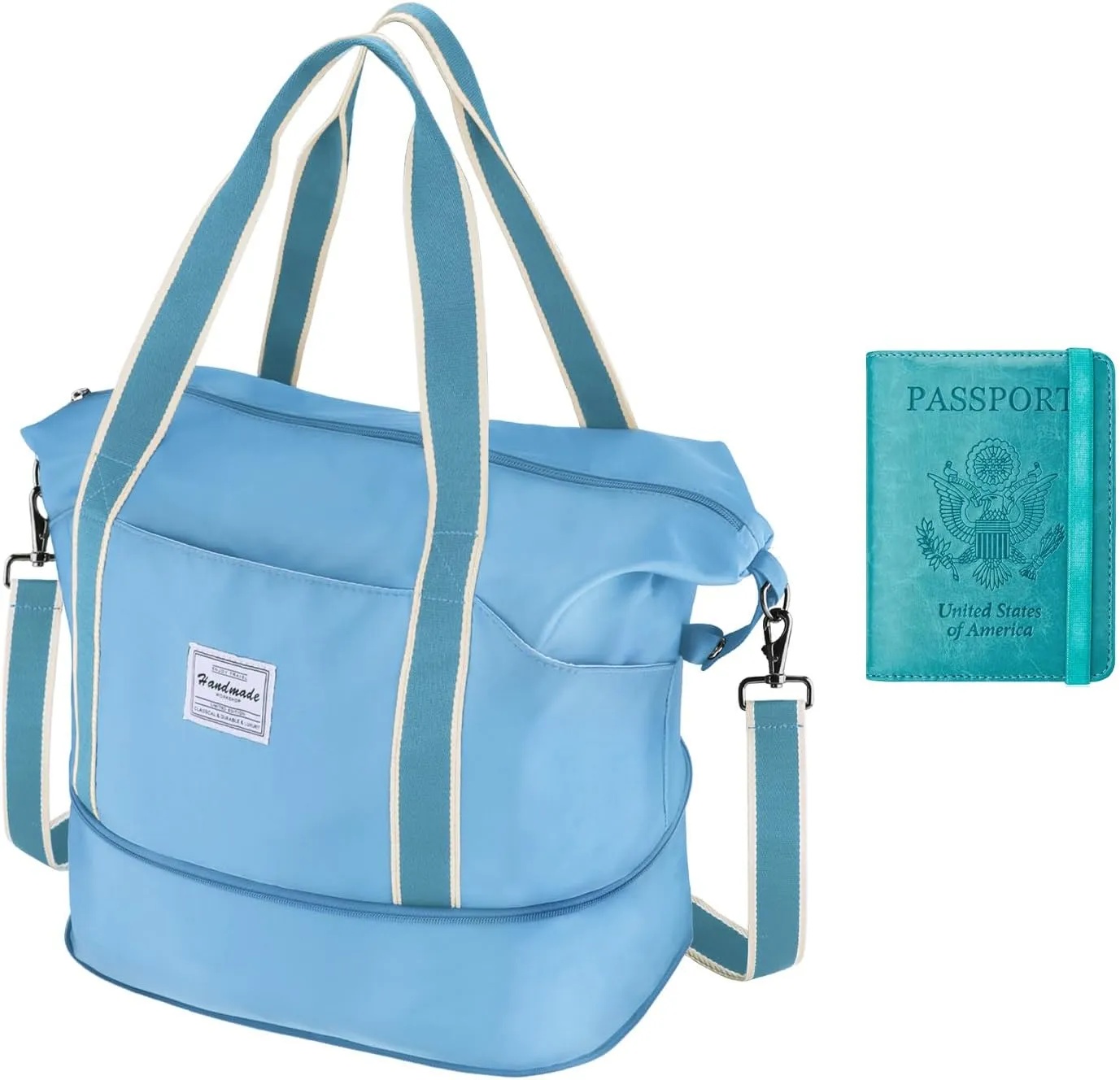 WALNEW Travel Duffel Bag & Passport Holder Bundle - Blue - Unisex-Adults - Frequent Travelers, Business Travelers - Modern Bucket Handbag - 41x21x40 cm