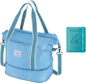 WALNEW Travel Duffel Bag & Passport Holder Bundle - Blue - Unisex-Adults - Frequent Travelers, Business Travelers - Modern Bucket Handbag - 41x21x40 cm