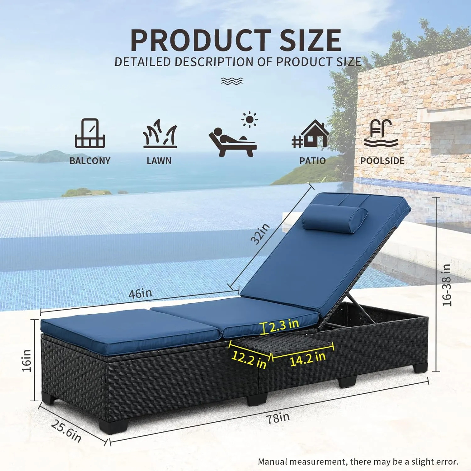WAROOM Outdoor Chaise Lounge Chairs for Outside Patio Furniture Set of 2 Wicker Recliner Black Rattan Reclining Pool Sunbathing Chair Adjustable Backrest Lounger with Blue Cushion