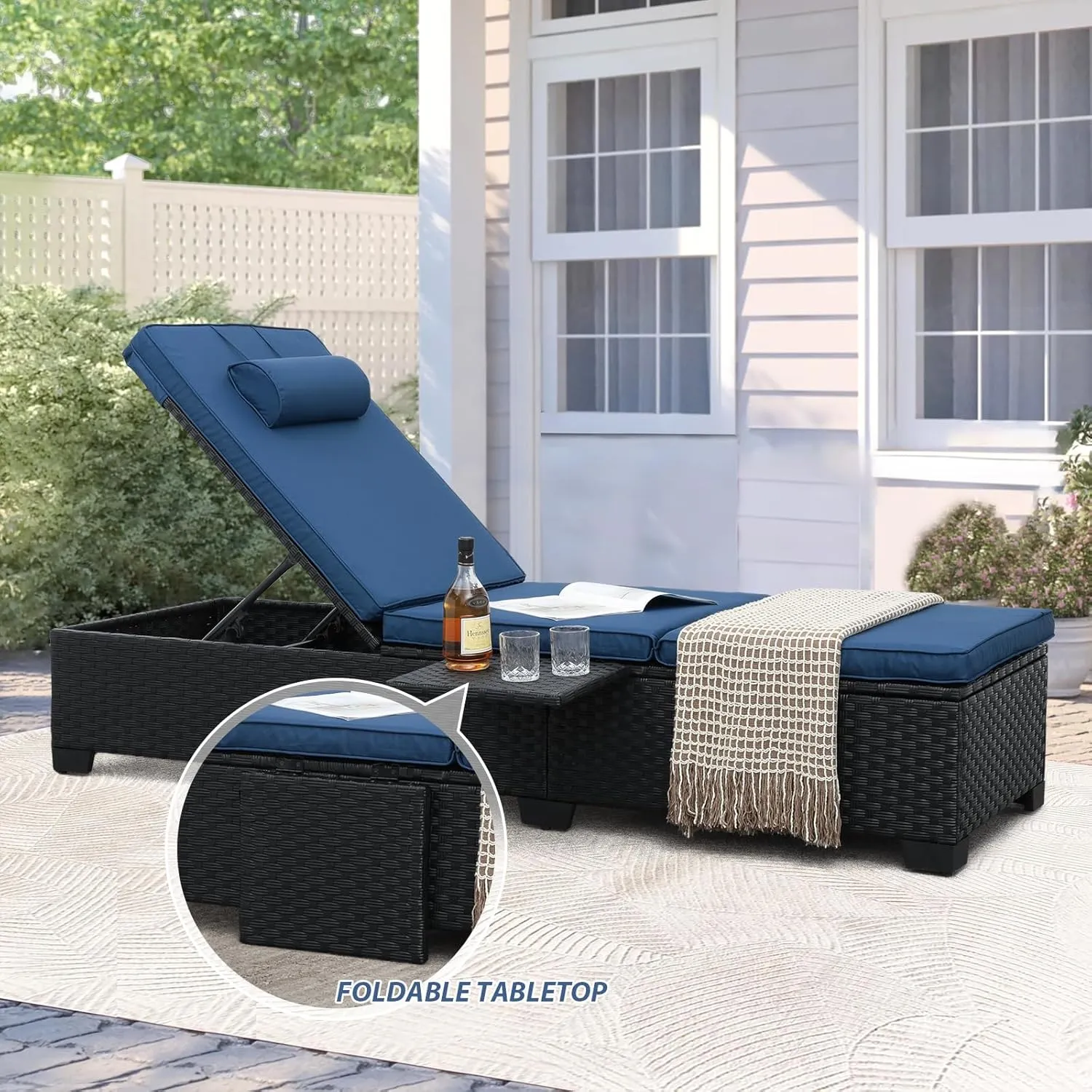 WAROOM Outdoor Chaise Lounge Chairs for Outside Patio Furniture Set of 2 Wicker Recliner Black Rattan Reclining Pool Sunbathing Chair Adjustable Backrest Lounger with Blue Cushion