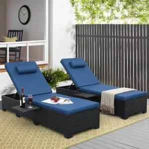 WAROOM Outdoor Chaise Lounge Chairs for Outside Patio Furniture Set of 2 Wicker Recliner Black Rattan Reclining Pool Sunbathing Chair Adjustable Backrest Lounger with Blue Cushion
