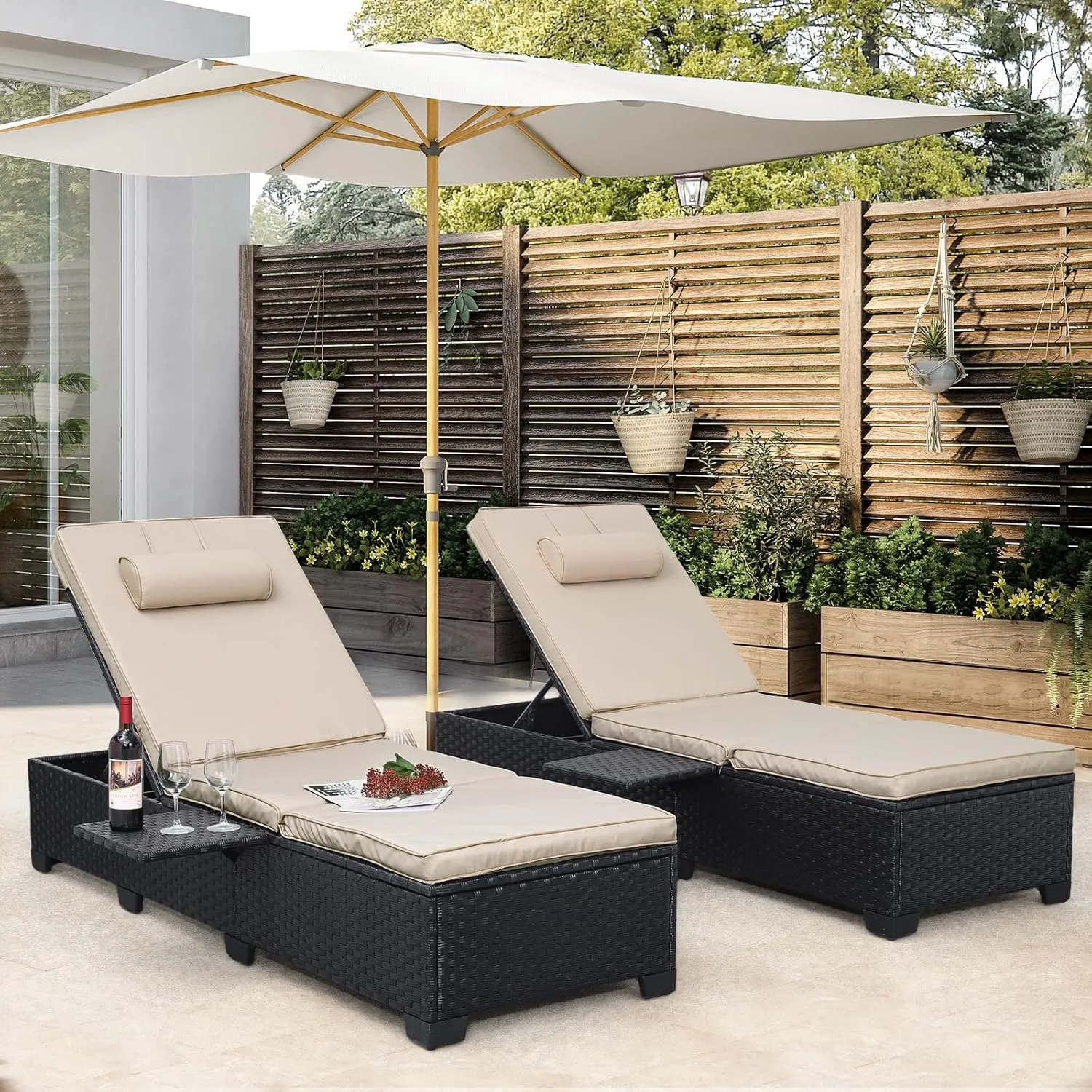 WAROOM Outdoor Chaise Lounge Chairs for Outside Patio Furniture Set of 2 Wicker Recliner Black Rattan Reclining Pool Sunbathing Chair Adjustable Backrest Lounger with Khaki Cushion