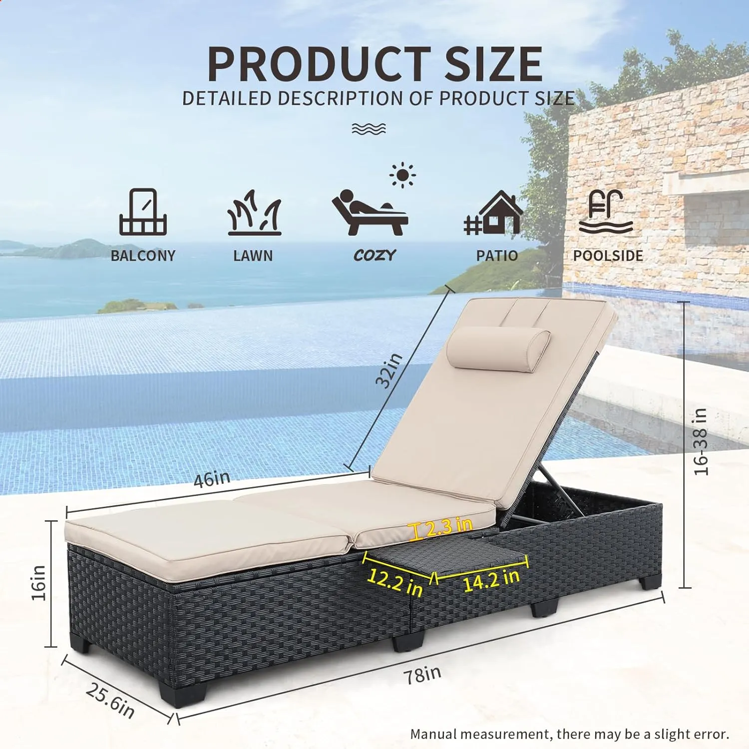 WAROOM Outdoor Chaise Lounge Chairs for Outside Patio Furniture Set of 2 Wicker Recliner Black Rattan Reclining Pool Sunbathing Chair Adjustable Backrest Lounger with Khaki Cushion
