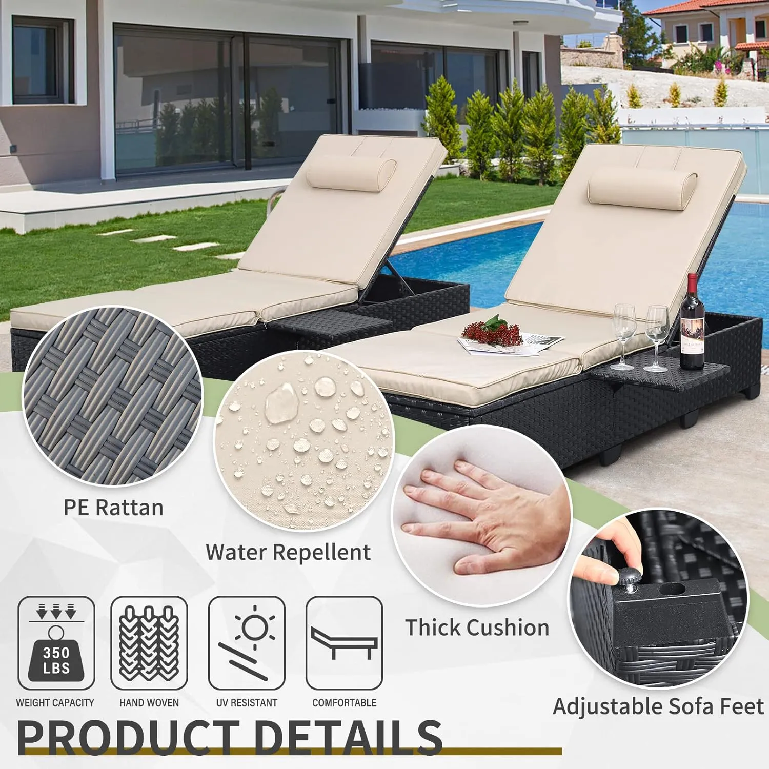 WAROOM Outdoor Chaise Lounge Chairs for Outside Patio Furniture Set of 2 Wicker Recliner Black Rattan Reclining Pool Sunbathing Chair Adjustable Backrest Lounger with Khaki Cushion