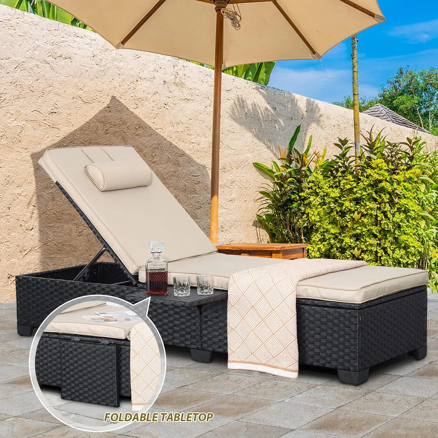 WAROOM Outdoor Chaise Lounge Chairs for Outside Patio Furniture Set of 2 Wicker Recliner Black Rattan Reclining Pool Sunbathing Chair Adjustable Backrest Lounger with Khaki Cushion
