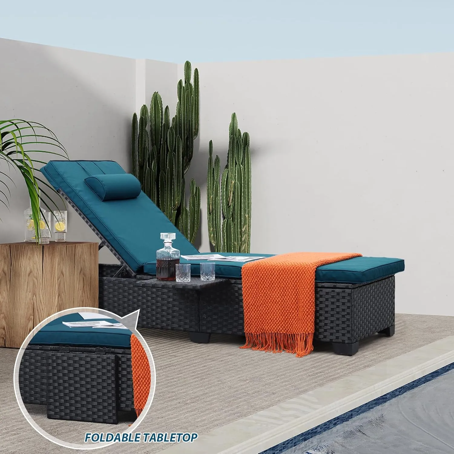 WAROOM Outdoor Chaise Lounge Chairs for Outside Patio Furniture Set of 2 Wicker Recliner Black Rattan Reclining Pool Sunbathing Chair Adjustable Backrest Lounger with Peacock Blue Cushion