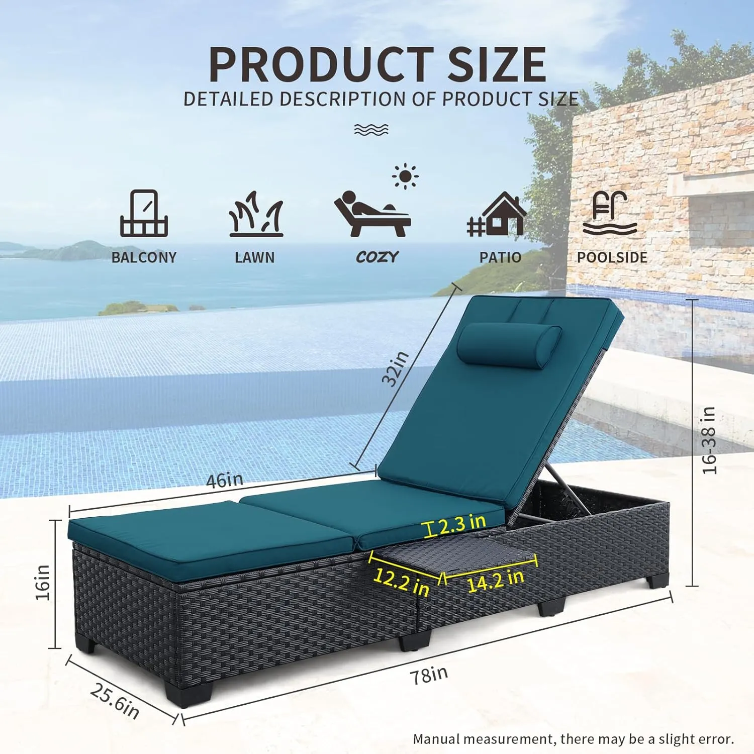 WAROOM Outdoor Chaise Lounge Chairs for Outside Patio Furniture Set of 2 Wicker Recliner Black Rattan Reclining Pool Sunbathing Chair Adjustable Backrest Lounger with Peacock Blue Cushion