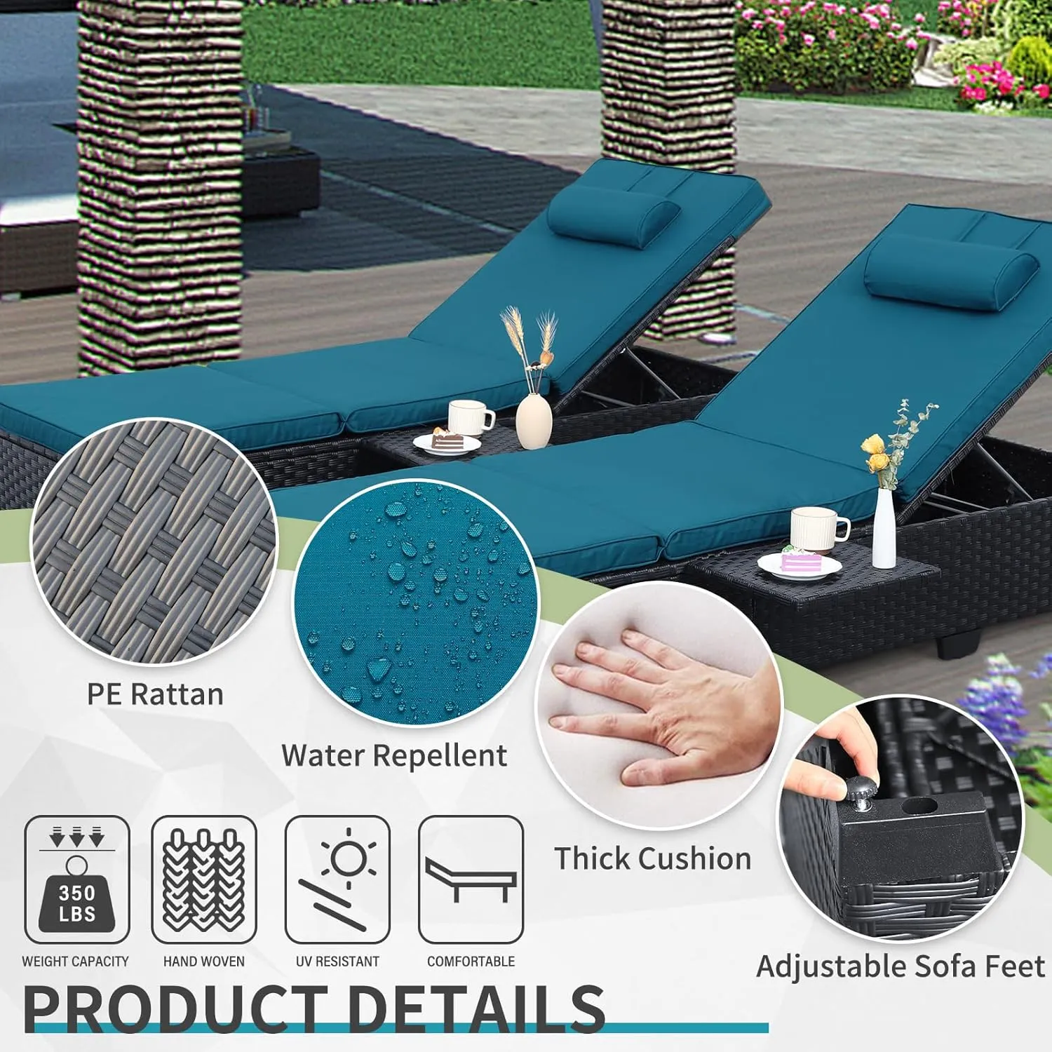WAROOM Outdoor Chaise Lounge Chairs for Outside Patio Furniture Set of 2 Wicker Recliner Black Rattan Reclining Pool Sunbathing Chair Adjustable Backrest Lounger with Peacock Blue Cushion