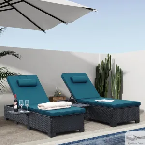 WAROOM Outdoor Chaise Lounge Chairs for Outside Patio Furniture Set of 2 Wicker Recliner Black Rattan Reclining Pool Sunbathing Chair Adjustable Backrest Lounger with Peacock Blue Cushion