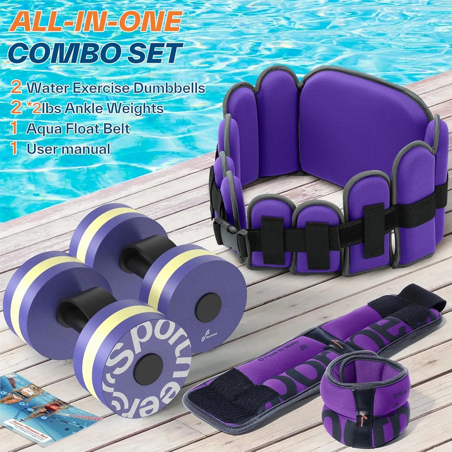 Water Aerobics Pool Exercise Equipment: Sportneer Water Workout Combo Set Includes High Density Water Dumbbell Aqua Belt Ankle Weights for Aquatic Therapy Pool Fitness Water Exercise Set