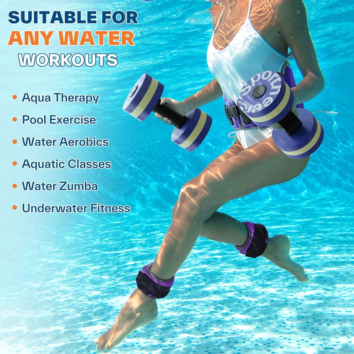 Water Aerobics Pool Exercise Equipment: Sportneer Water Workout Combo Set Includes High Density Water Dumbbell Aqua Belt Ankle Weights for Aquatic Therapy Pool Fitness Water Exercise Set