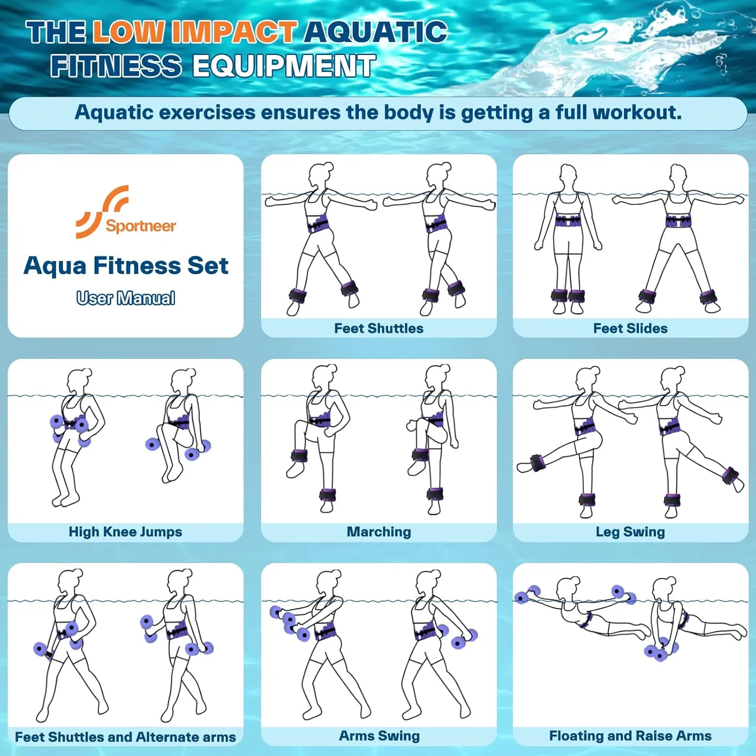 Water Aerobics Pool Exercise Equipment: Sportneer Water Workout Combo Set Includes High Density Water Dumbbell Aqua Belt Ankle Weights for Aquatic Therapy Pool Fitness Water Exercise Set