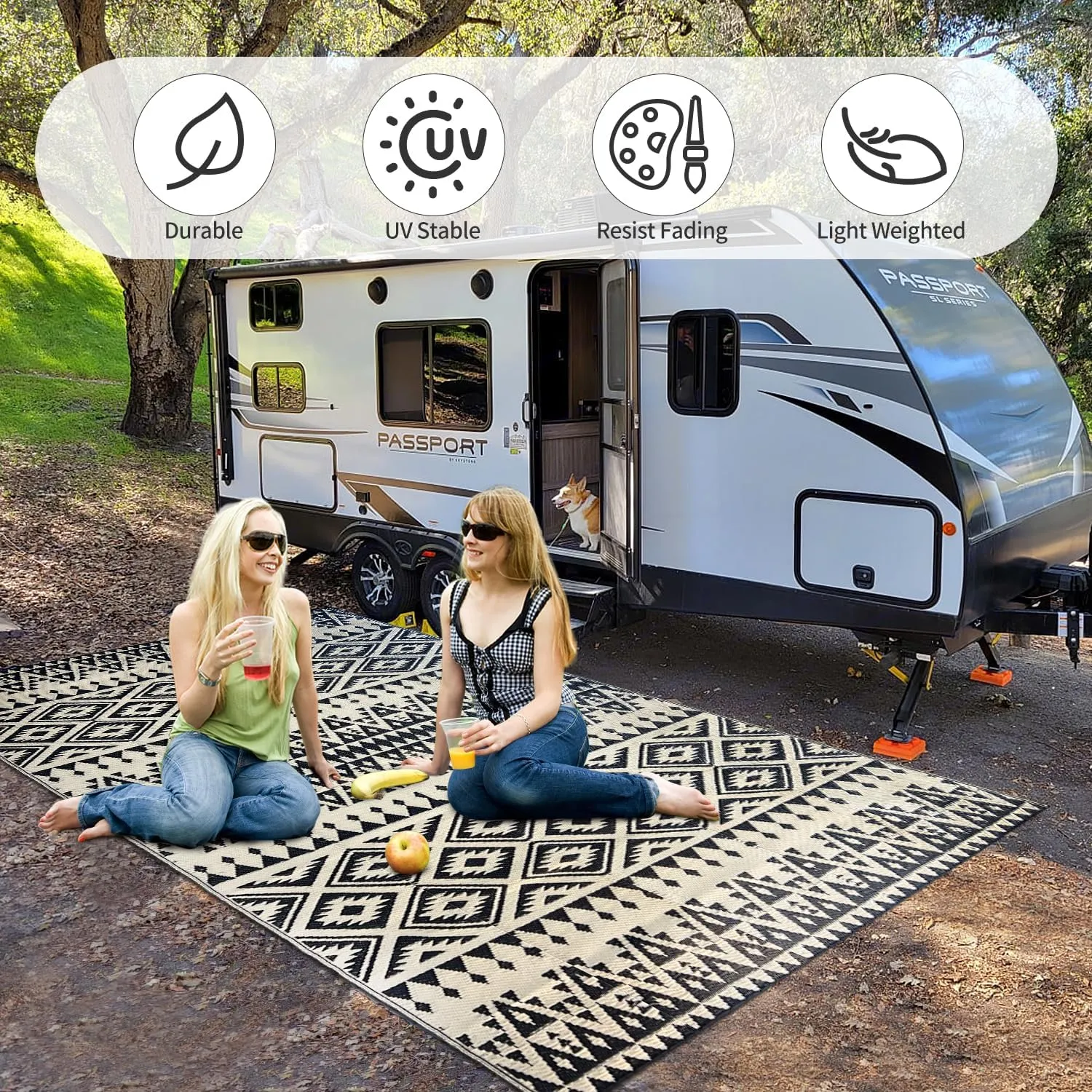 Waterproof Outdoor Rug 5x8ft, Bohemia Reversible Plastic Straw Mat for Patio RV Deck Porch Backyard Balcony Camping Picnic Beach Indoor Outdoor Carpet, Black&Beige