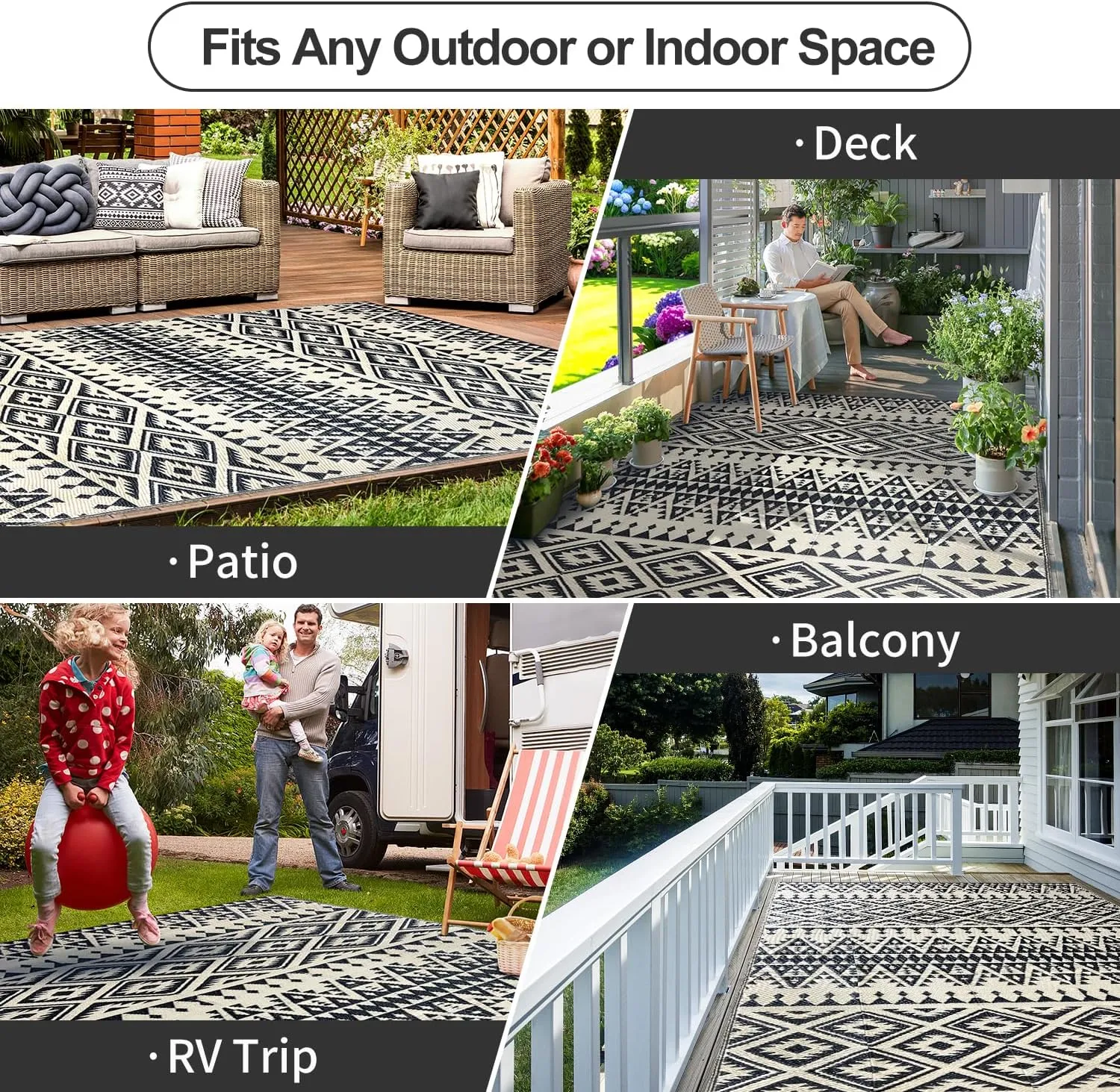 Waterproof Outdoor Rug 5x8ft, Bohemia Reversible Plastic Straw Mat for Patio RV Deck Porch Backyard Balcony Camping Picnic Beach Indoor Outdoor Carpet, Black&Beige