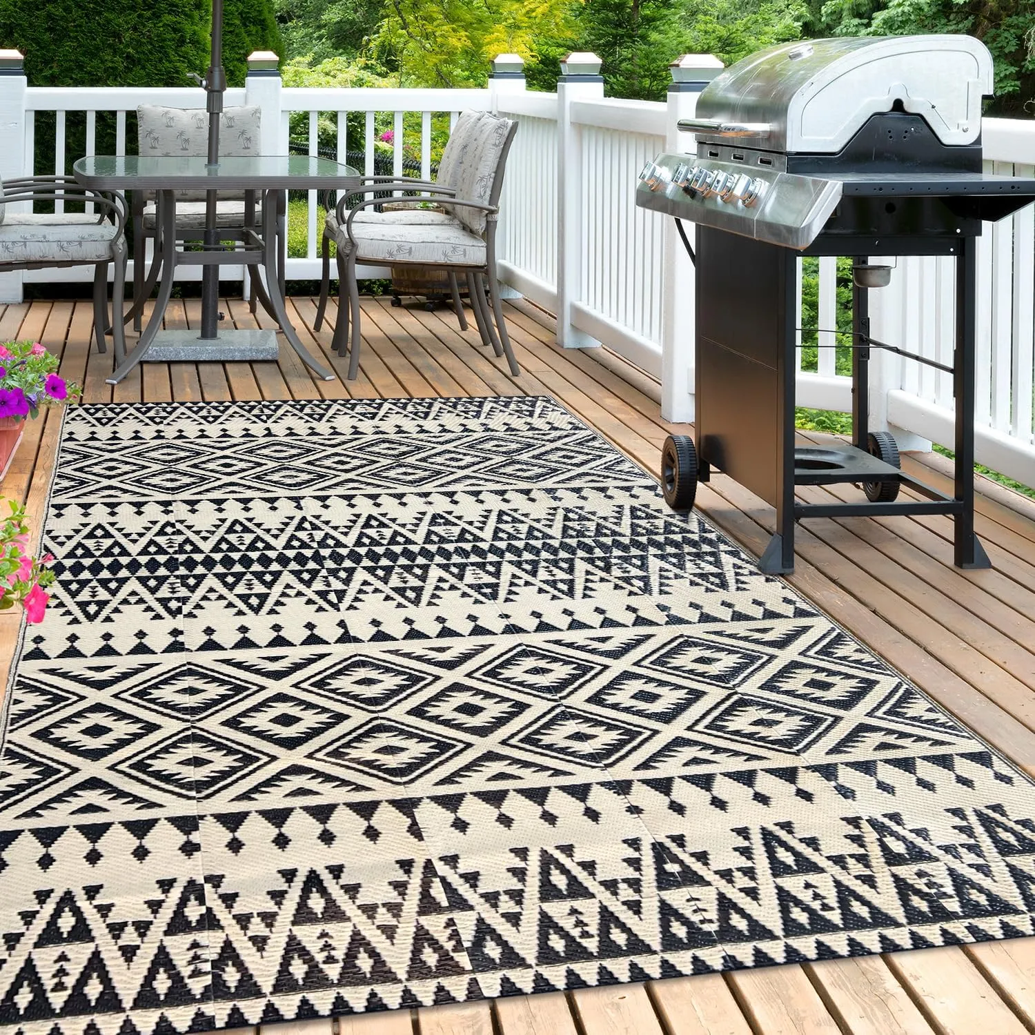 Waterproof Outdoor Rug 5x8ft, Bohemia Reversible Plastic Straw Mat for Patio RV Deck Porch Backyard Balcony Camping Picnic Beach Indoor Outdoor Carpet, Black&Beige