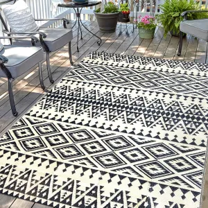 Waterproof Outdoor Rug 5x8ft, Bohemia Reversible Plastic Straw Mat for Patio RV Deck Porch Backyard Balcony Camping Picnic Beach Indoor Outdoor Carpet, Black&Beige
