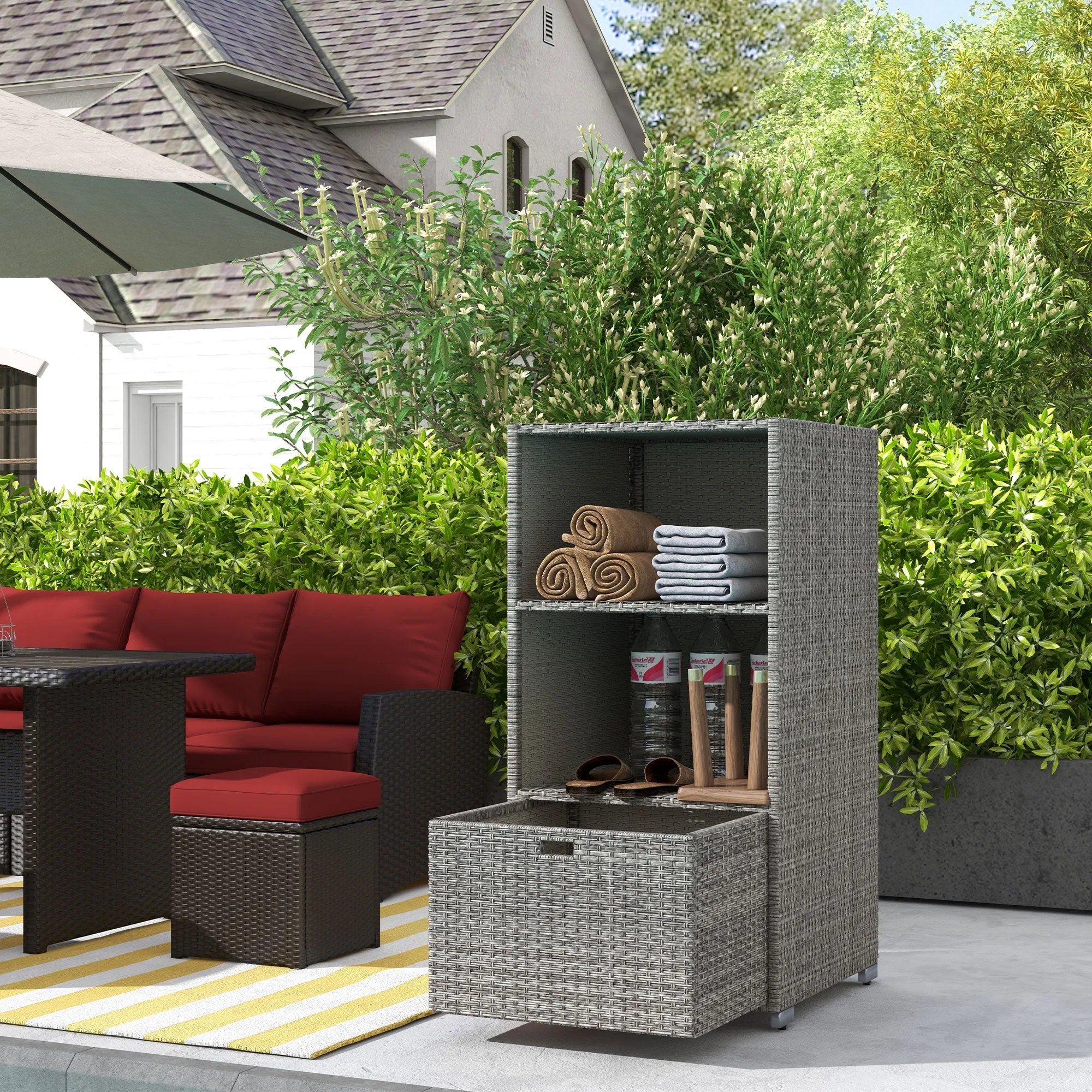 Waterproof PE Plastic Rattan Poolside Towel Storage, 2 Shelves, 1 Basket Drawer, Mixed Gray