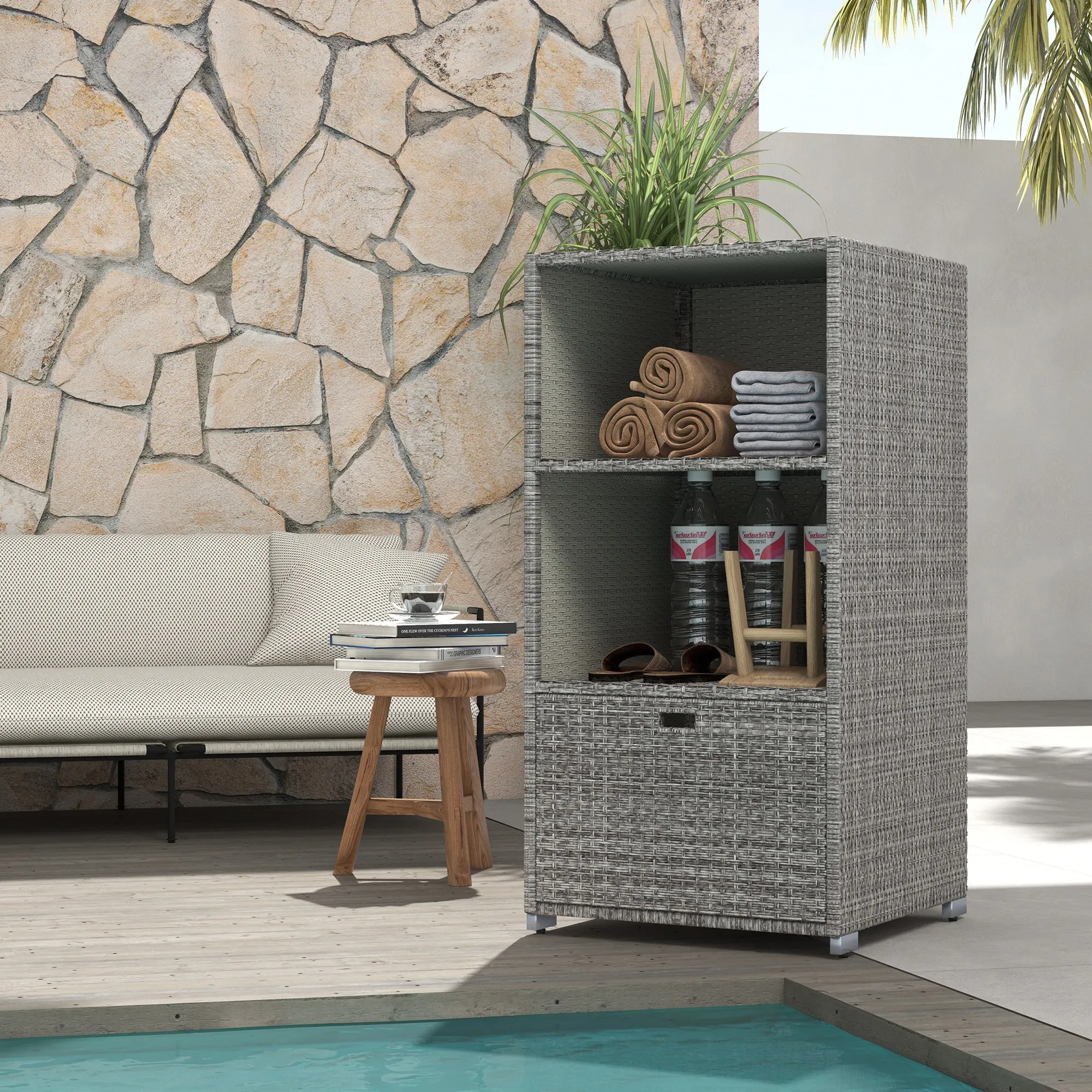 Waterproof PE Plastic Rattan Poolside Towel Storage, 2 Shelves, 1 Basket Drawer, Mixed Gray