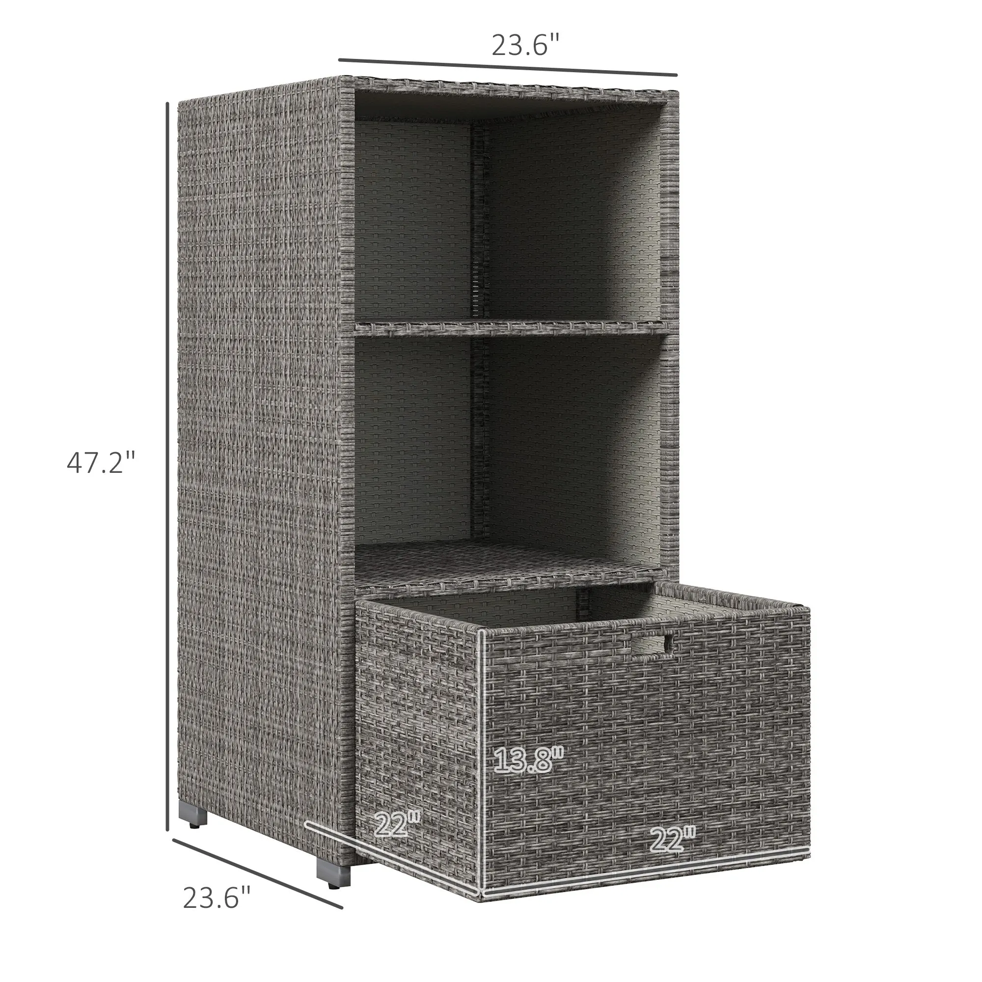 Waterproof PE Plastic Rattan Poolside Towel Storage, 2 Shelves, 1 Basket Drawer, Mixed Gray