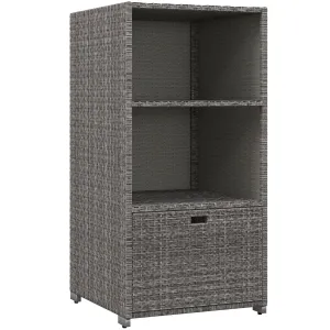 Waterproof PE Plastic Rattan Poolside Towel Storage, 2 Shelves, 1 Basket Drawer, Mixed Gray