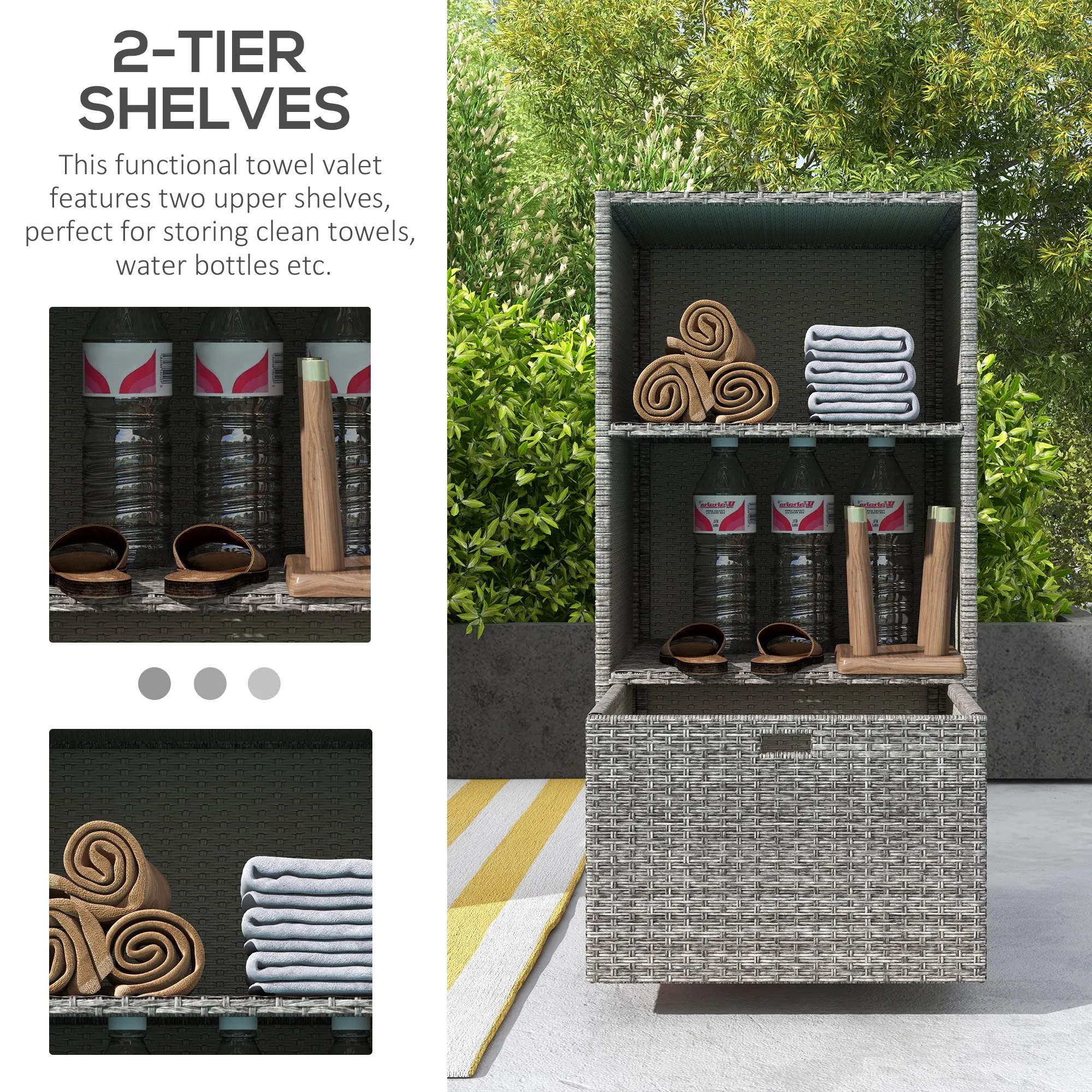 Waterproof PE Plastic Rattan Poolside Towel Storage, 2 Shelves, 1 Basket Drawer, Mixed Gray