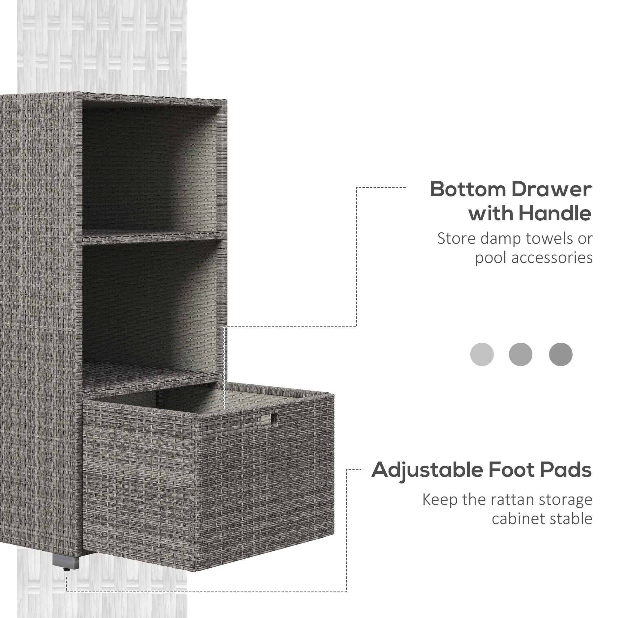 Waterproof PE Plastic Rattan Poolside Towel Storage, 2 Shelves, 1 Basket Drawer, Mixed Gray