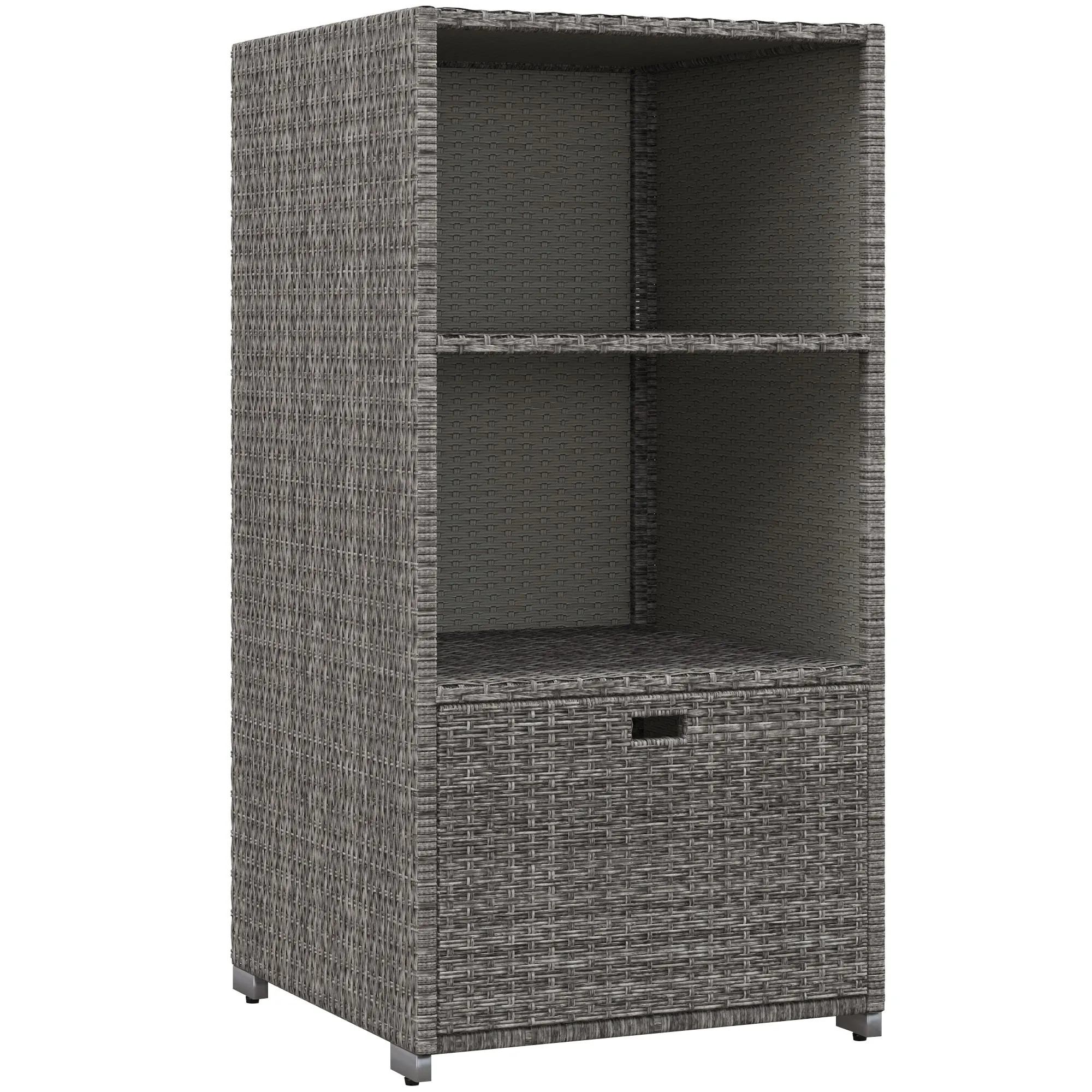 Waterproof PE Plastic Rattan Poolside Towel Storage, 2 Shelves, 1 Basket Drawer, Mixed Gray