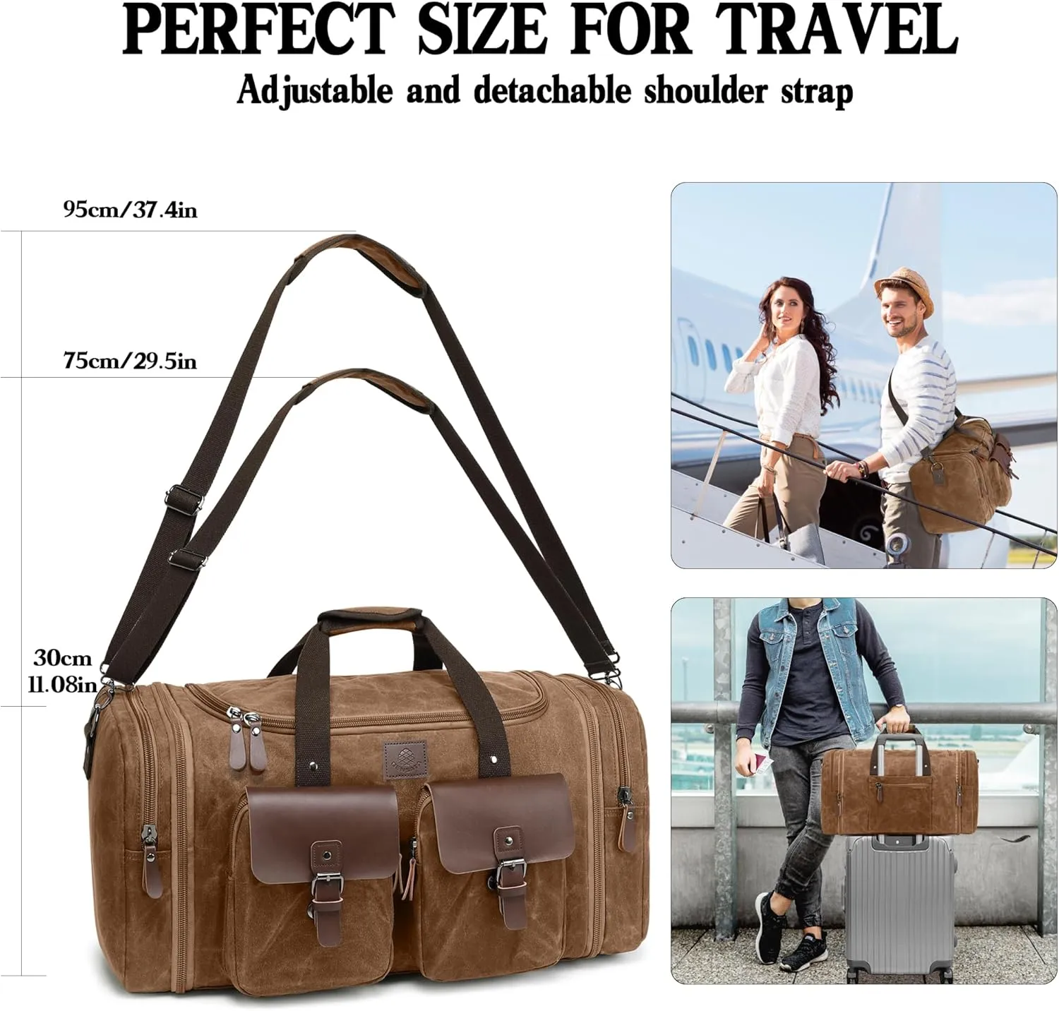 Waxed Canvas Duffle Bag for Men 50L Travel Duffel Bags Expandable Genuine Leather Duffel Overnight Weekender Carry On Bag Two Zipper Pockets Travel Bag (Vintage Dark Brown, Large-50L)