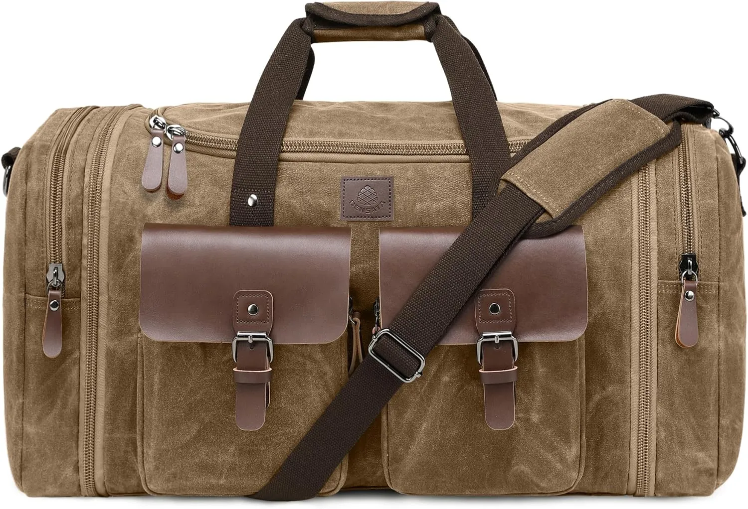 Waxed Canvas Duffle Bag for Men 60L Travel Duffel Bags Expandable Genuine Leather Duffel Overnight Weekender Carry On Bag Two Zipper Pockets Travel Bag (Vintage Brown, X Large-60L)