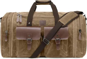 Waxed Canvas Duffle Bag for Men 60L Travel Duffel Bags Expandable Genuine Leather Duffel Overnight Weekender Carry On Bag Two Zipper Pockets Travel Bag (Vintage Brown, X Large-60L)
