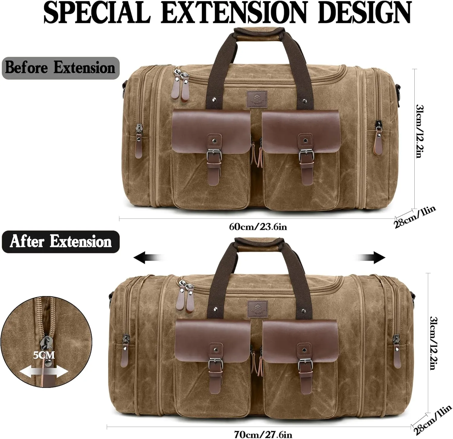 Waxed Canvas Duffle Bag for Men 60L Travel Duffel Bags Expandable Genuine Leather Duffel Overnight Weekender Carry On Bag Two Zipper Pockets Travel Bag (Vintage Brown, X Large-60L)