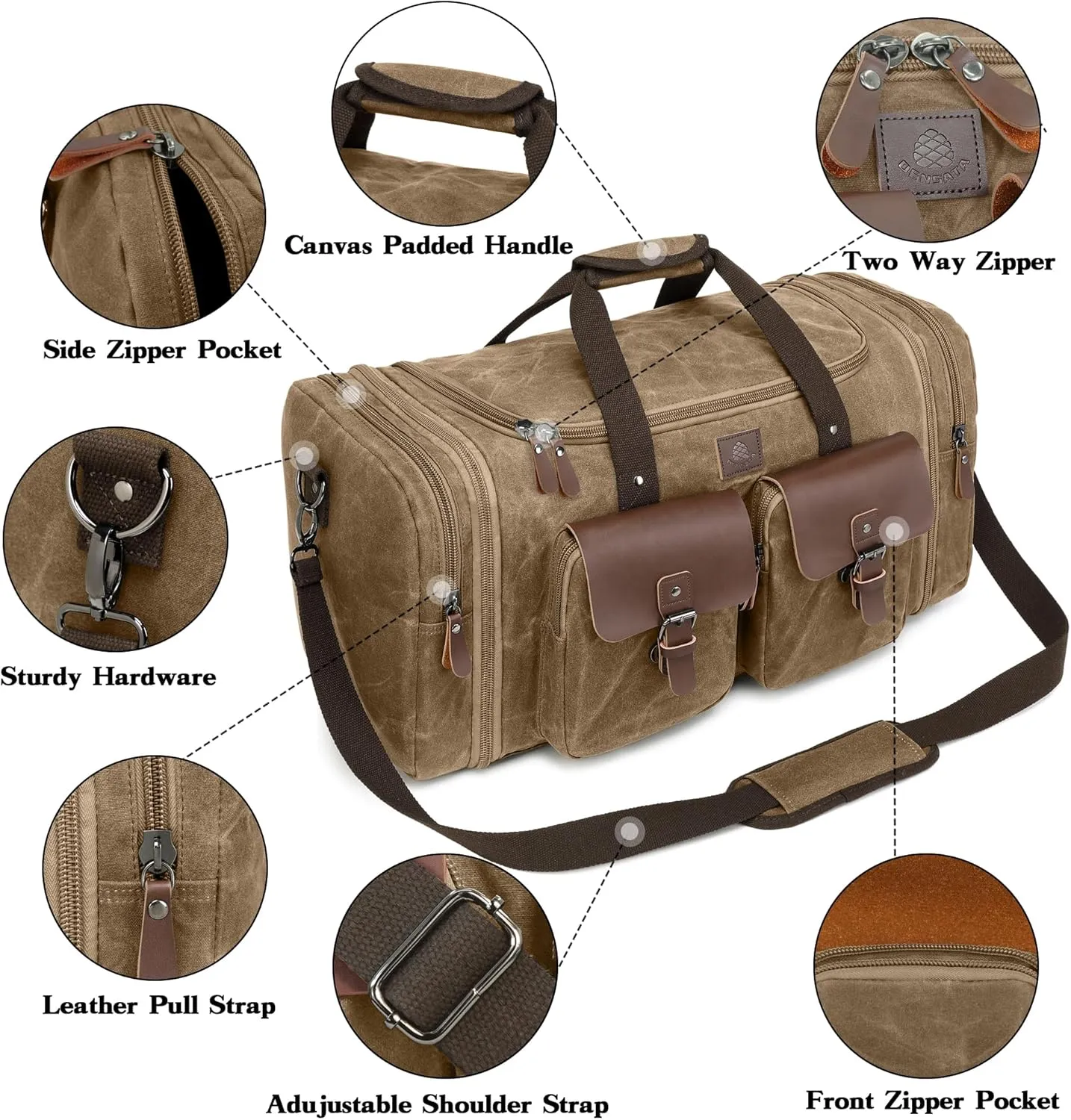 Waxed Canvas Duffle Bag for Men 60L Travel Duffel Bags Expandable Genuine Leather Duffel Overnight Weekender Carry On Bag Two Zipper Pockets Travel Bag (Vintage Brown, X Large-60L)