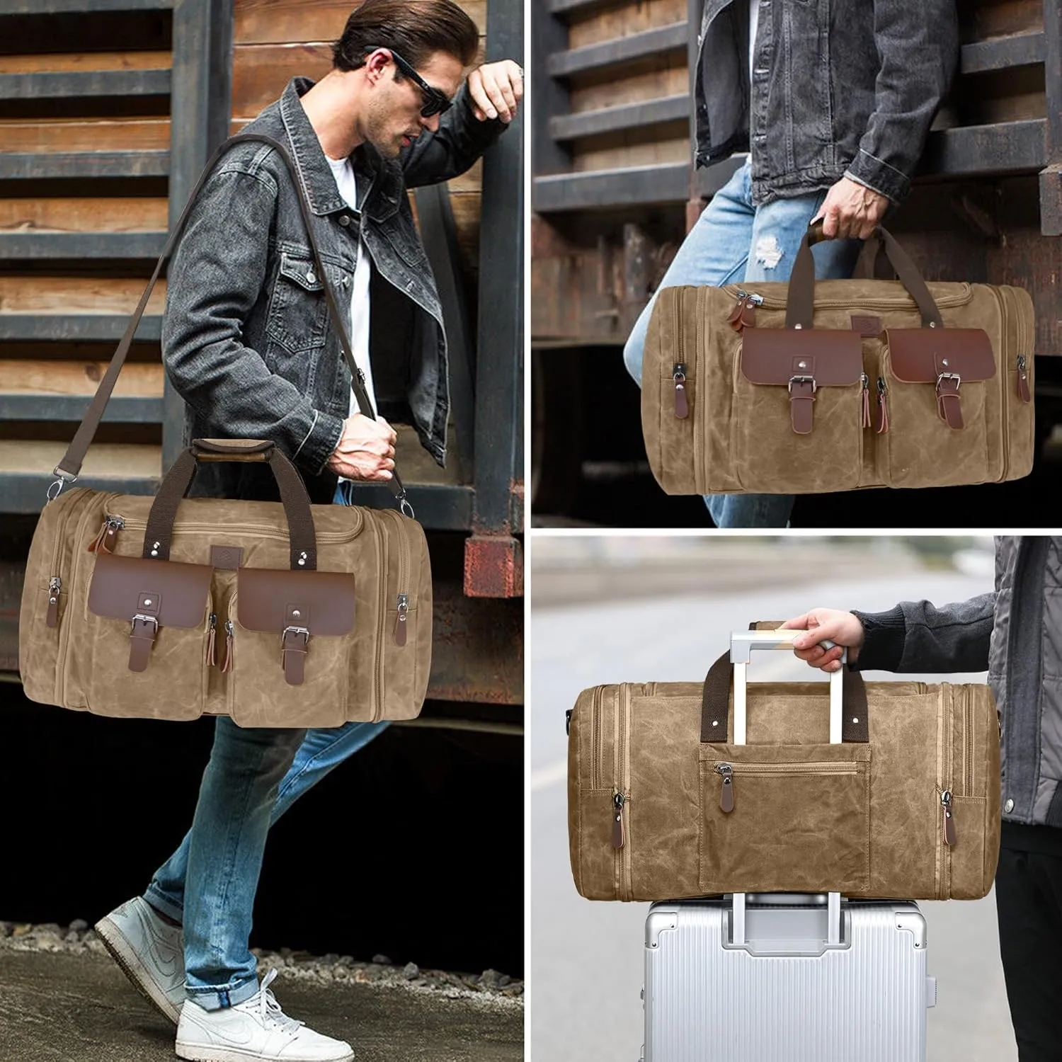 Waxed Canvas Duffle Bag for Men 60L Travel Duffel Bags Expandable Genuine Leather Duffel Overnight Weekender Carry On Bag Two Zipper Pockets Travel Bag (Vintage Brown, X Large-60L)