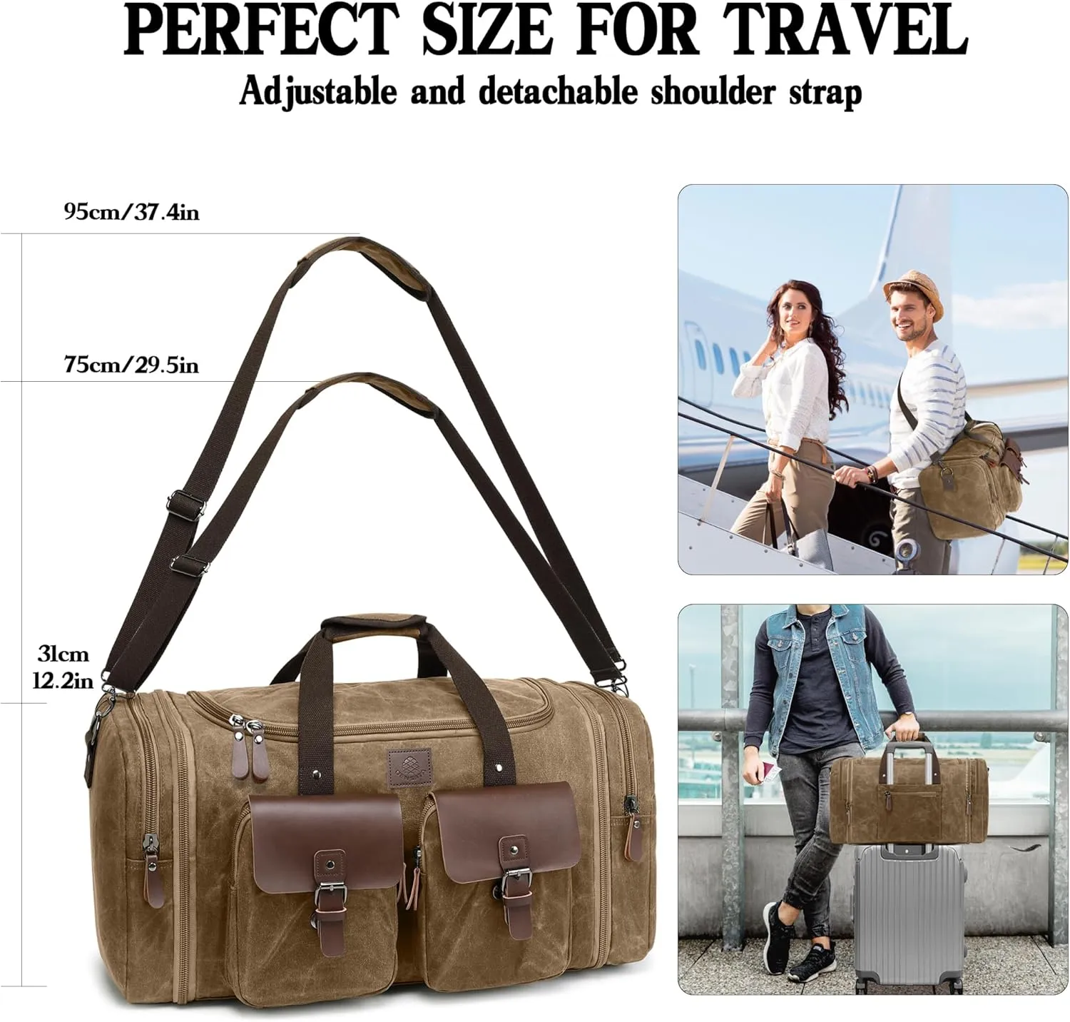 Waxed Canvas Duffle Bag for Men 60L Travel Duffel Bags Expandable Genuine Leather Duffel Overnight Weekender Carry On Bag Two Zipper Pockets Travel Bag (Vintage Brown, X Large-60L)