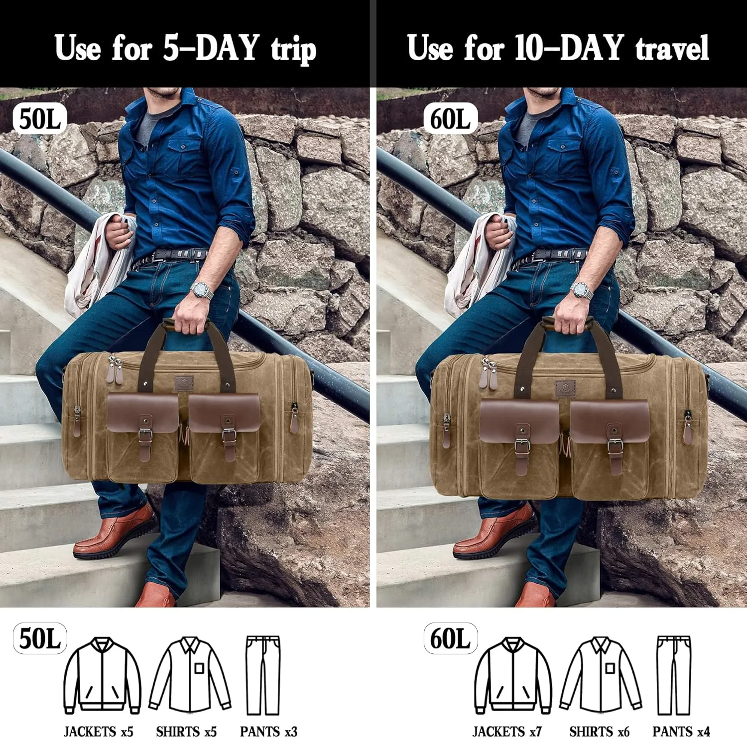 Waxed Canvas Duffle Bag for Men 60L Travel Duffel Bags Expandable Genuine Leather Duffel Overnight Weekender Carry On Bag Two Zipper Pockets Travel Bag (Vintage Brown, X Large-60L)