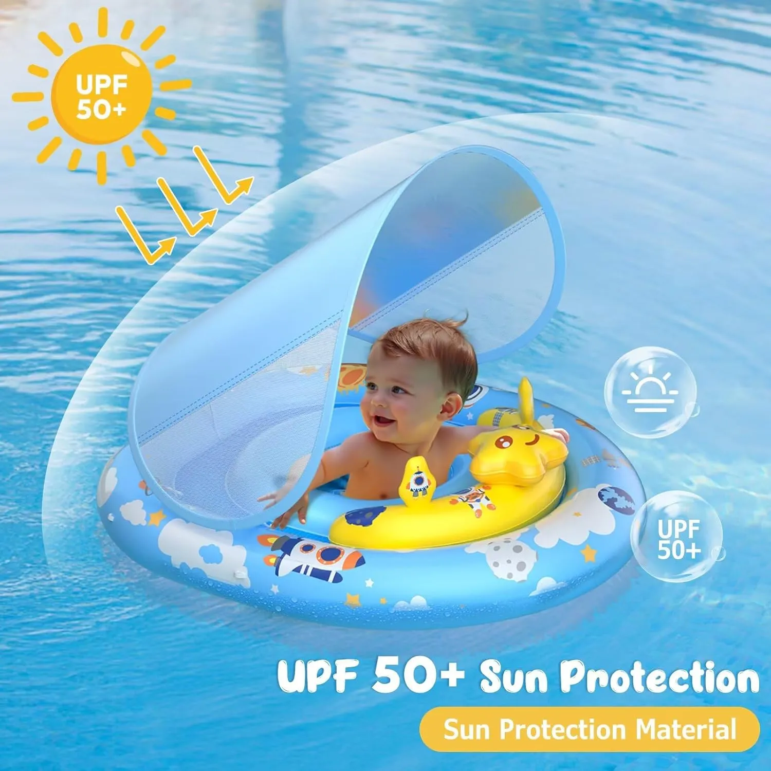 WayEee Baby Pool Float with UPF50  Canopy - Inflatable Swim Float, Adjustable Safety Seat, Toy Play Console, Sun Protection for Baby 6-36 Months, Infant, Todder Summer Gift, Pool, Bathtub, Beach