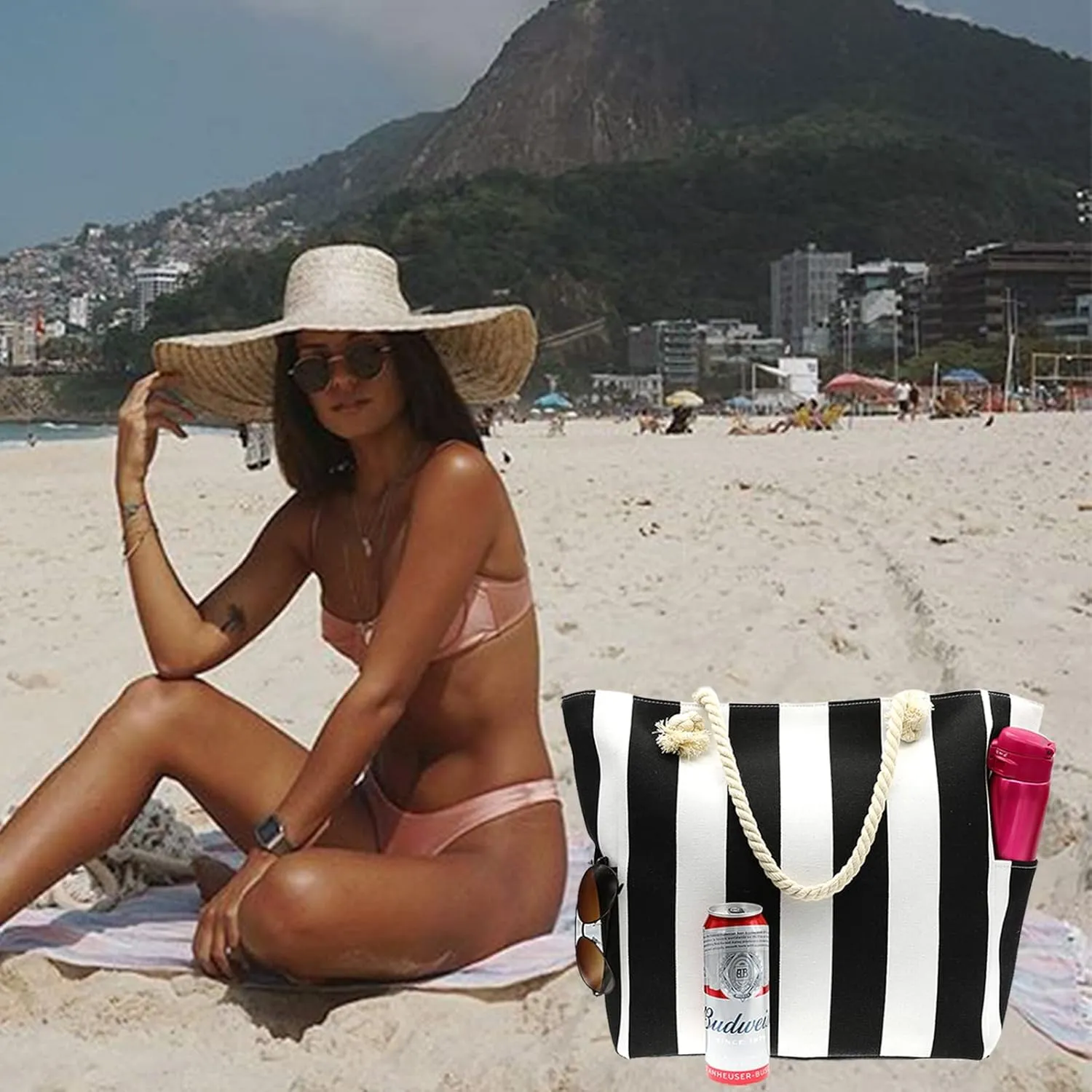We We Large Beach Tote bag for Women Canvas Straw Tavel Tote Bag Waterproof Shoulder Bag Handbag for Gym Swim