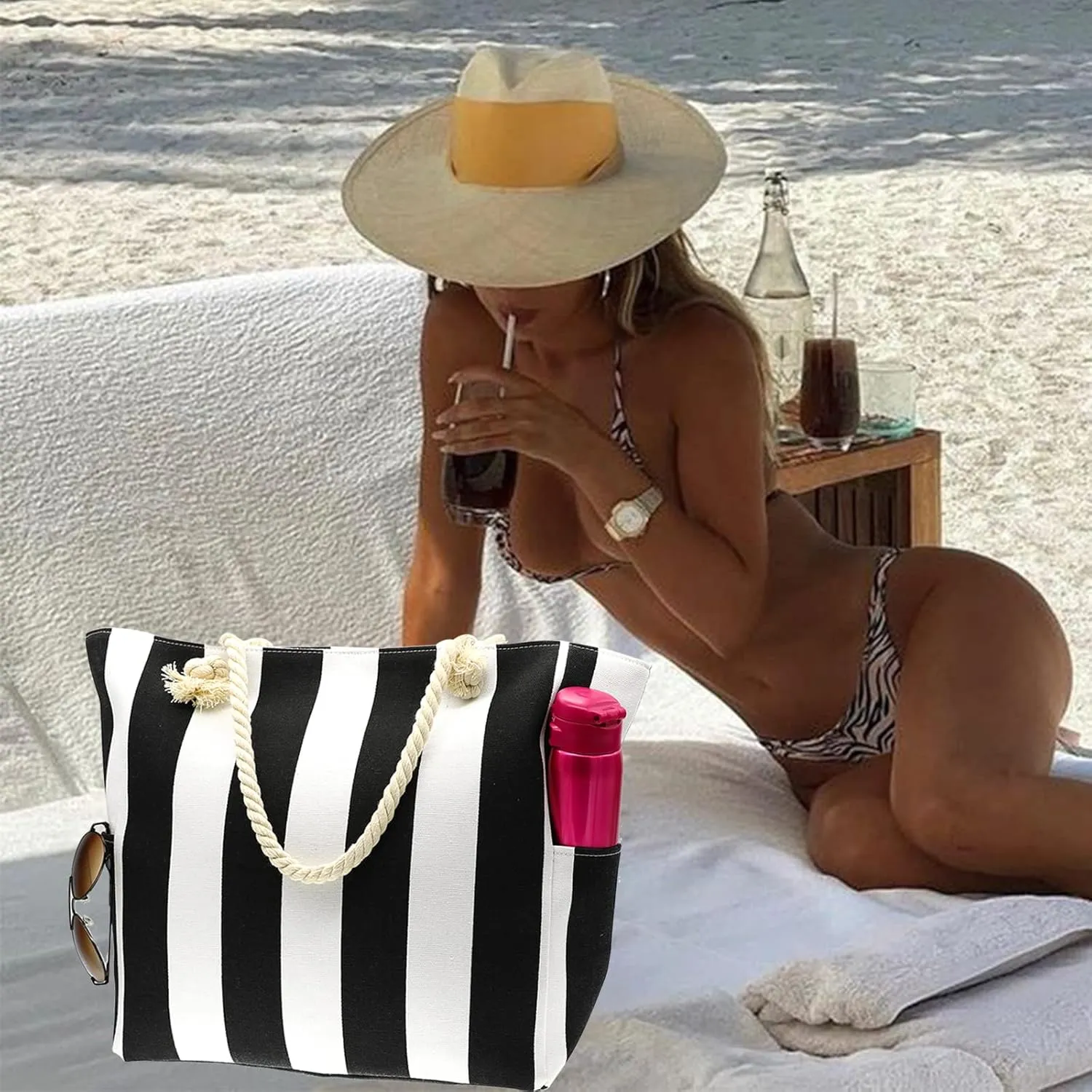 We We Large Beach Tote bag for Women Canvas Straw Tavel Tote Bag Waterproof Shoulder Bag Handbag for Gym Swim