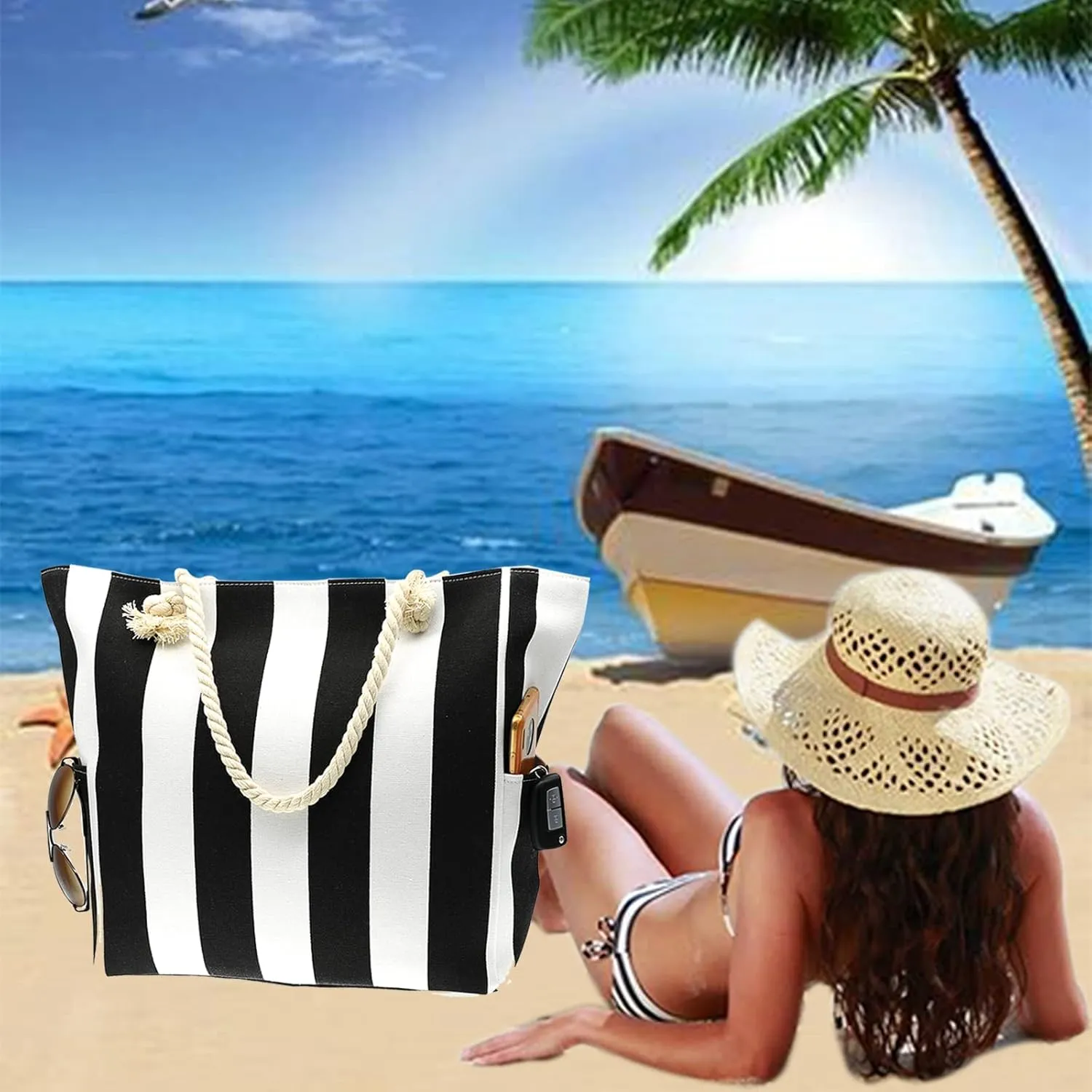 We We Large Beach Tote bag for Women Canvas Straw Tavel Tote Bag Waterproof Shoulder Bag Handbag for Gym Swim