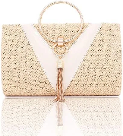 Weave Straw Handbag for Women Tassels Straw Clutch Summer Evening Party Bag Elegant Beach Top Handle Purse with Chain