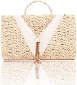 Weave Straw Handbag for Women Tassels Straw Clutch Summer Evening Party Bag Elegant Beach Top Handle Purse with Chain