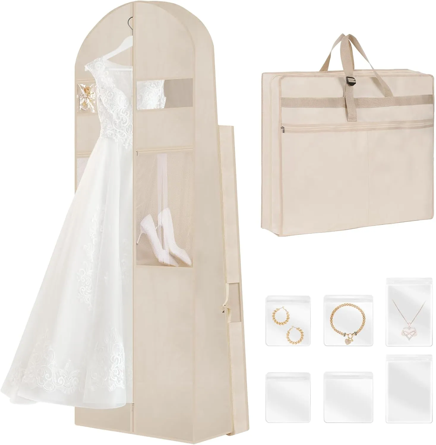 Wedding Dress Garment Bag,72’ Tri-Fold Bridal Gown Bag with 6 Pouches and Adjustable Buckle Gown Cover for Wedding/Prom/Travel/Closet Storage (Beige)