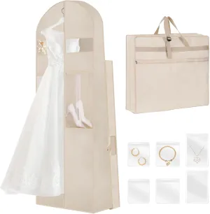 Wedding Dress Garment Bag,72’ Tri-Fold Bridal Gown Bag with 6 Pouches and Adjustable Buckle Gown Cover for Wedding/Prom/Travel/Closet Storage (Beige)